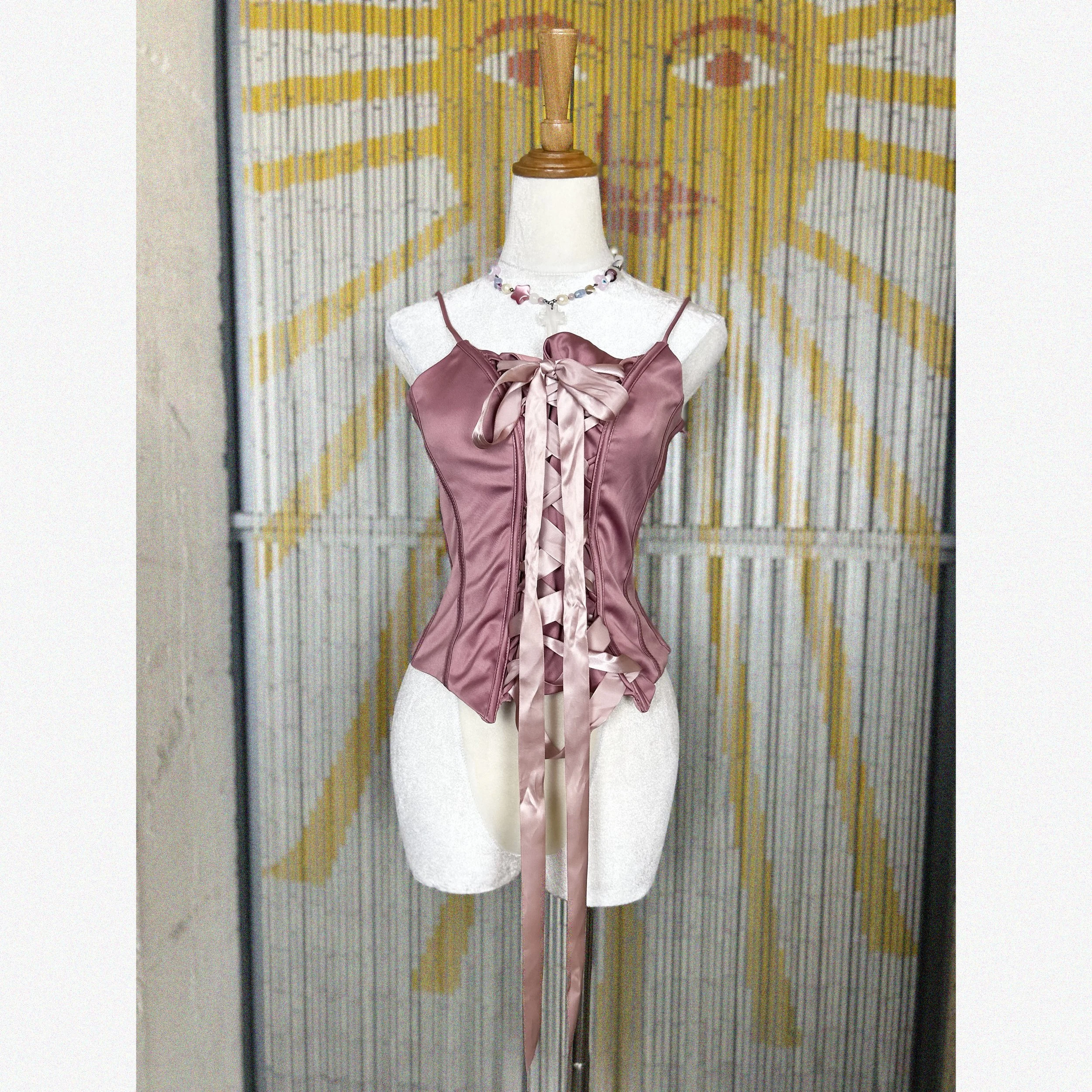 fave pink satin, lace-up bodice corset top / small