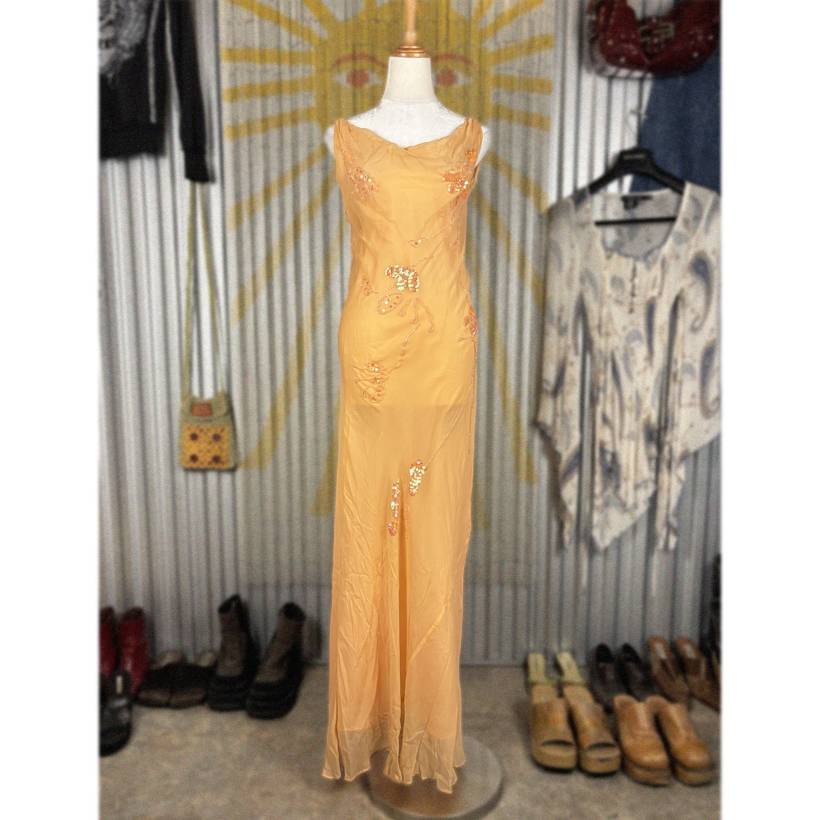 90s 2000s orange beaded maxi silk dress by Madam X // Large-XL