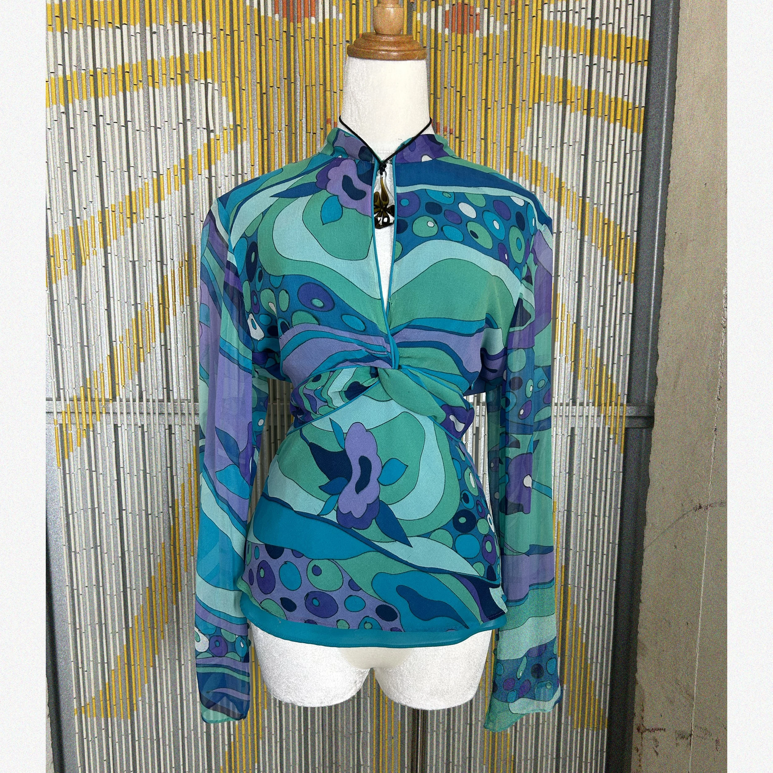 unique 2000s teal abstract print silk blouse by ICE / medium
