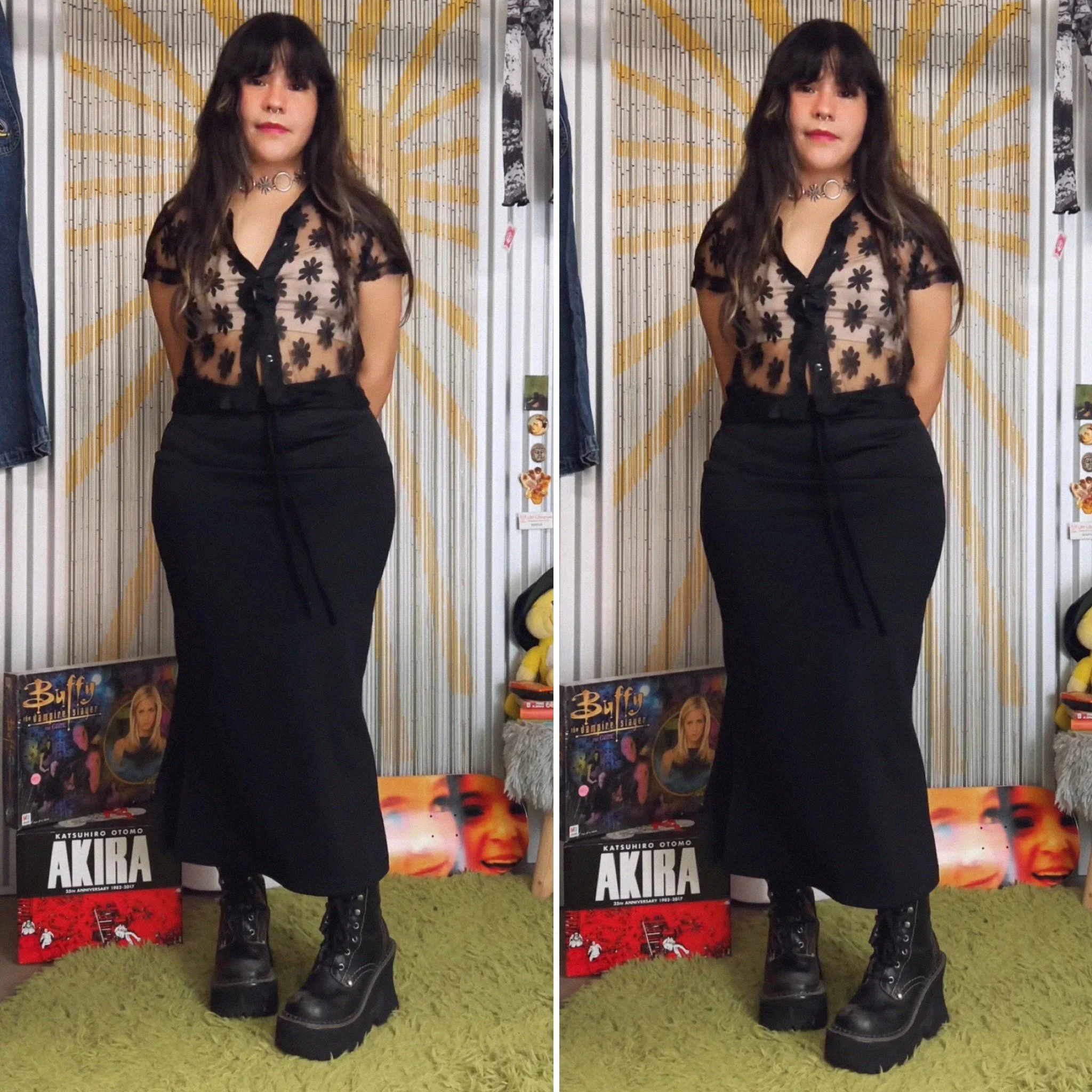 fave 90s black floral mesh button up top // small