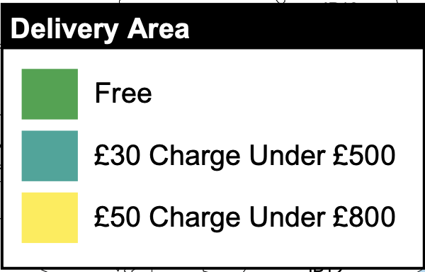 Map legend showing delivery charges with green for free, blue for £30 charge under £500, and yellow for £50 charge under £800.