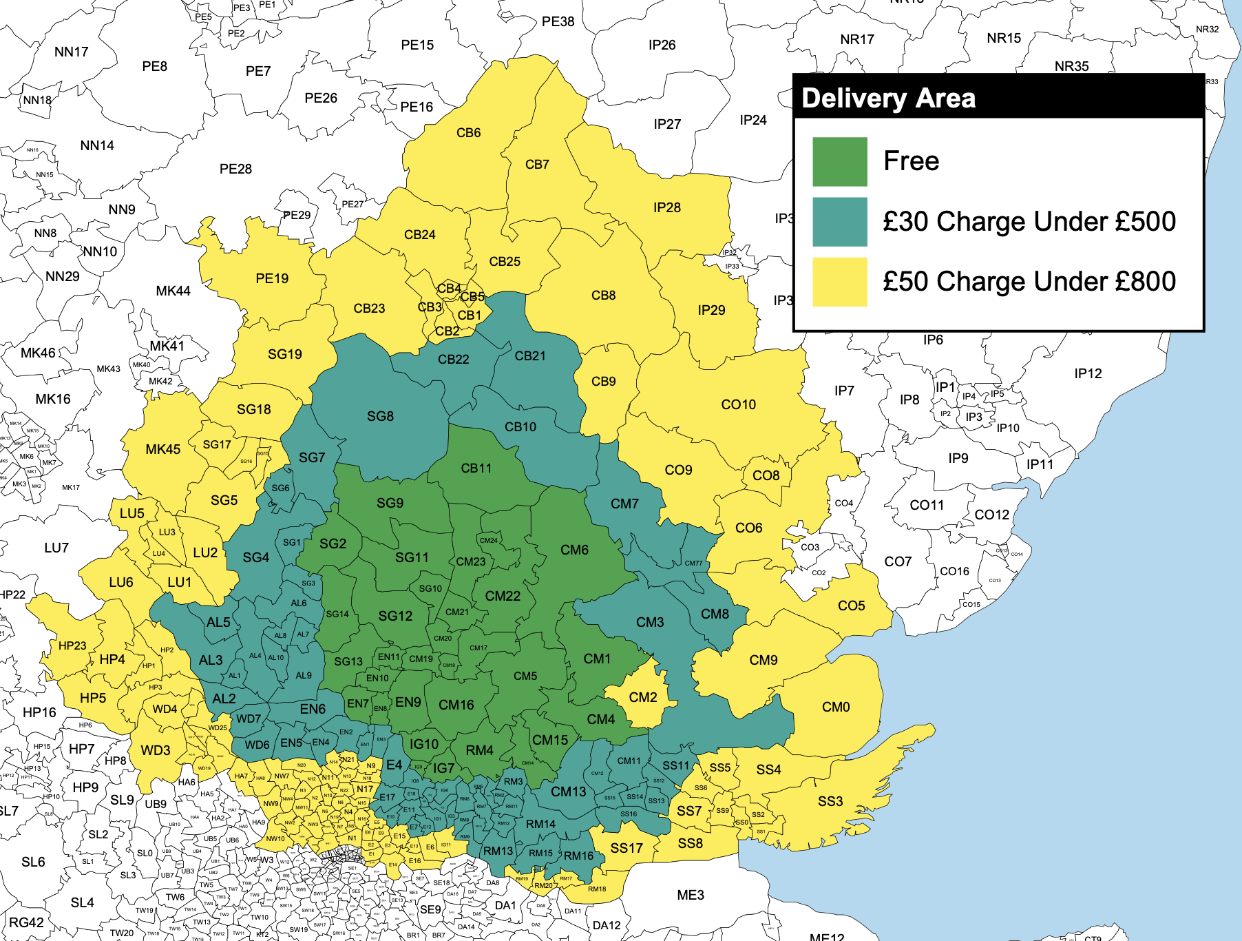 Map of Singapore divided into districts with color-coded delivery areas. Green for free delivery, blue for a £30 charge under £500, and yellow for a £50 charge under £800.