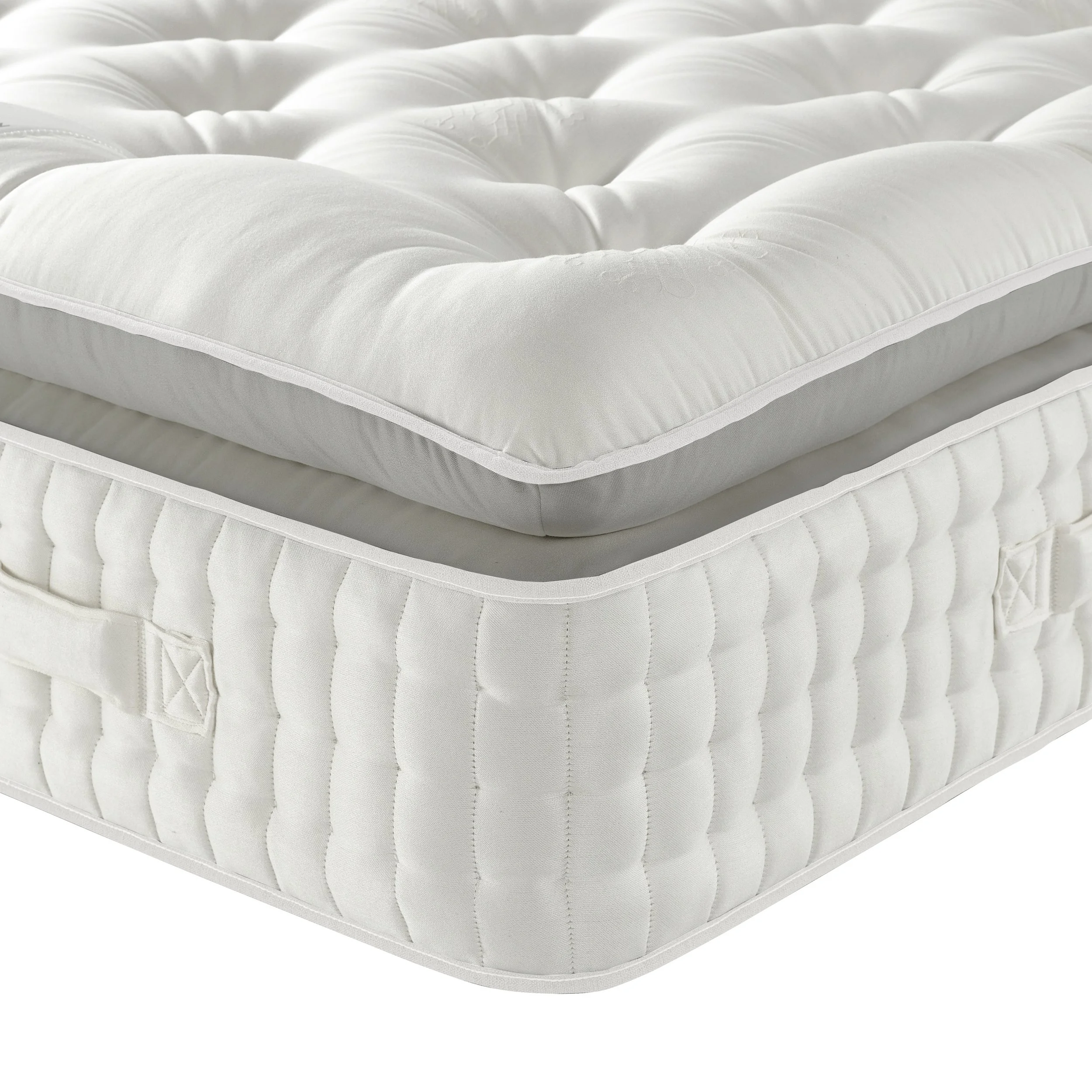 Close-up of a white mattress with a padded, quilted surface and a comforter or mattress topper on top.