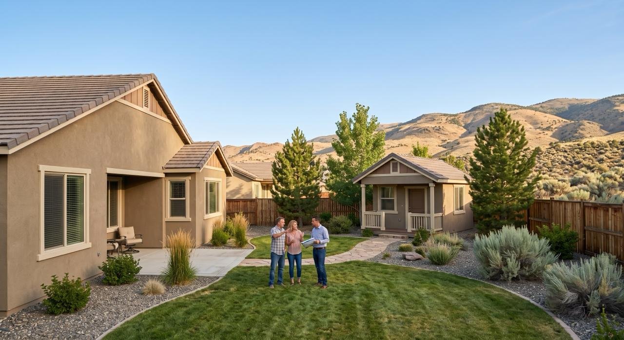 Backyard accessory dwelling unit beside a main home in a high-desert setting