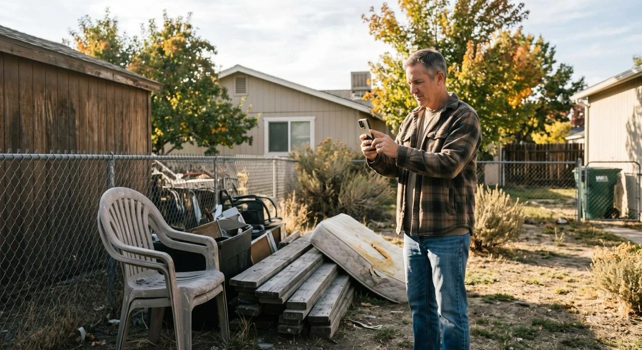 Reno homeowner photographing bulky yard clutter during a buyer’s-eye pre-listing walk-through