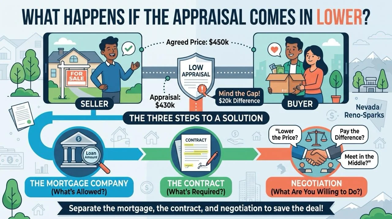 Low appraisal illustration showing a buyer, seller, lender, contract, and negotiation options.
