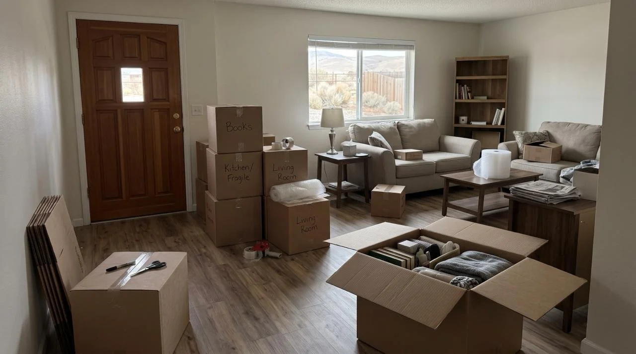 Moving boxes in a furnished living room as a household prepares to move.