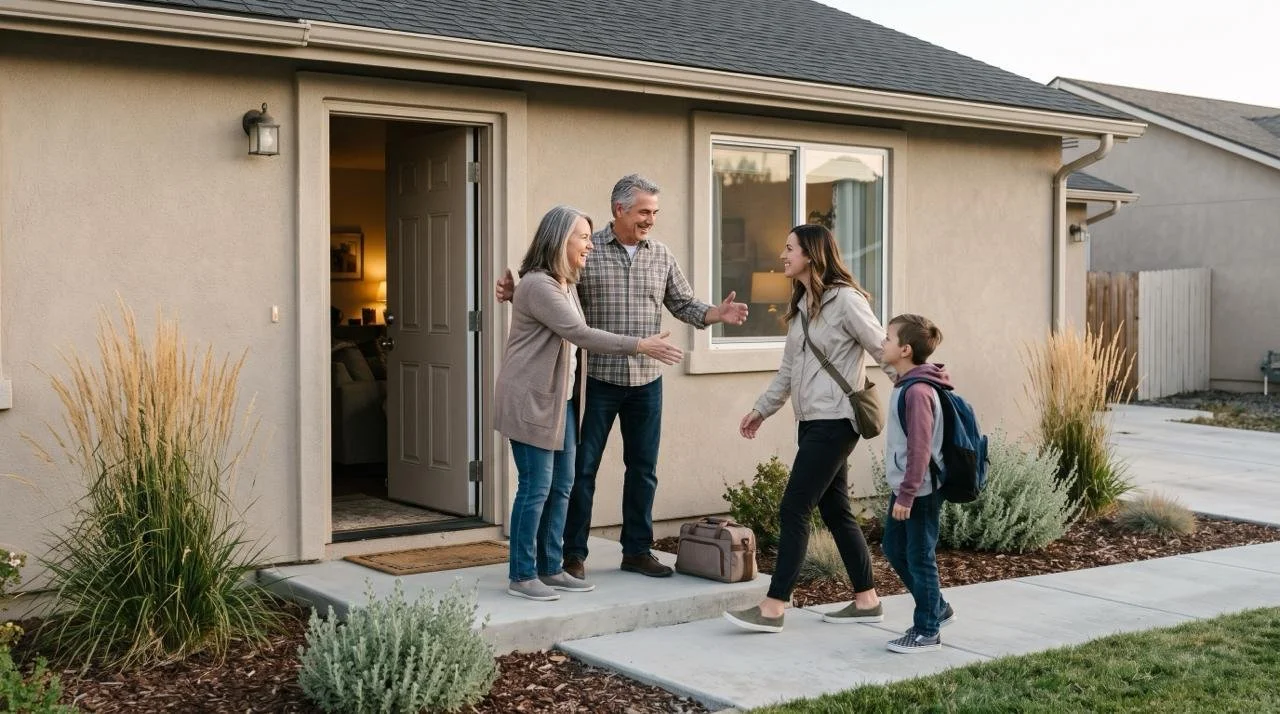 An older couple welcomes an adult and child outside a single-story home.