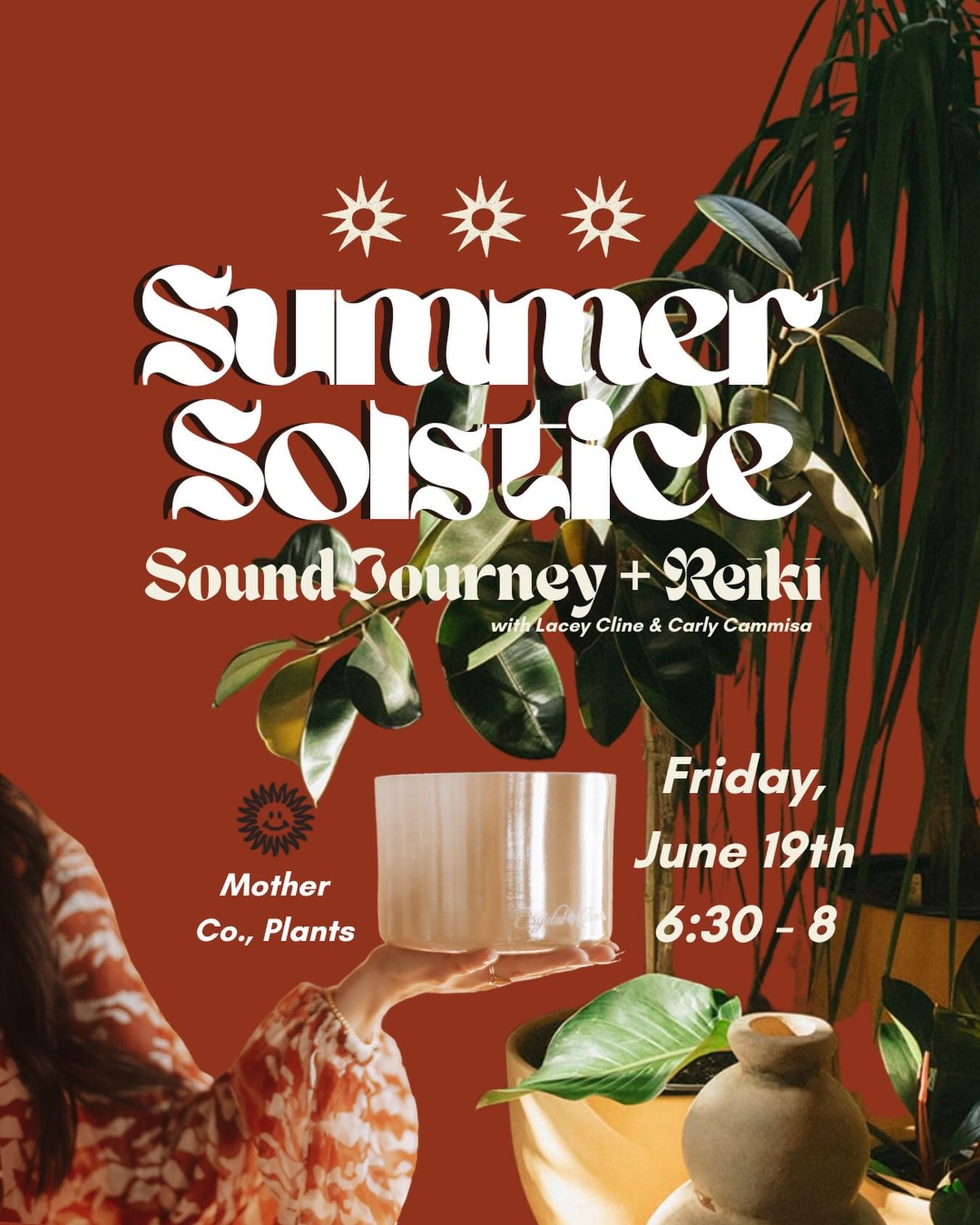 ✨🌞 Join us for an evening of honoring the Summer Solstice through sacred sound, a grounding plant-filled atmosphere and subtle energy work, Reiki. 🌞✨
 
The Summer Solstice marks the height of the Summer - a threshold moment to pause, reset, release