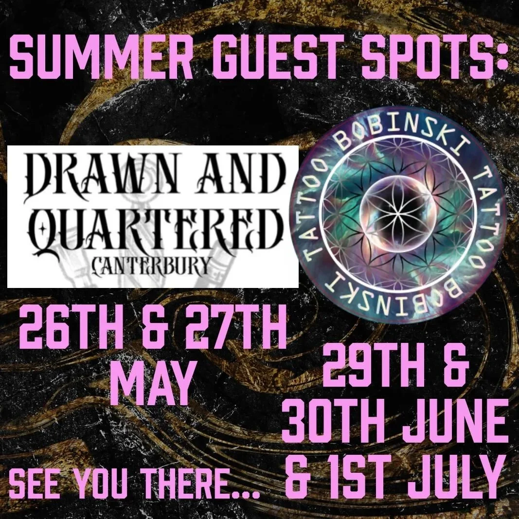 I AM FINALLY DOING GUEST SPOTS! 🥳
I will be lurking about at the lovely @drawnandquarteredct studio in Canterbury for the 26th and 27th May and then bimbling over to Ashford's infamous @bobinski_tattoo for a few days at the end of June/beginning of 