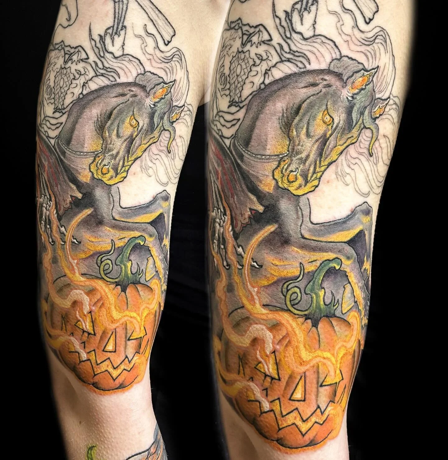 Made loads of progress on this spoopy, headless horseman piece (could there be a more &ldquo;me&rdquo; tattoo, honestly?) and cannot wait for the next session to finish this glowy gorgeousness off, it&rsquo;s an absolute pleasure to tattoo you @xbatg