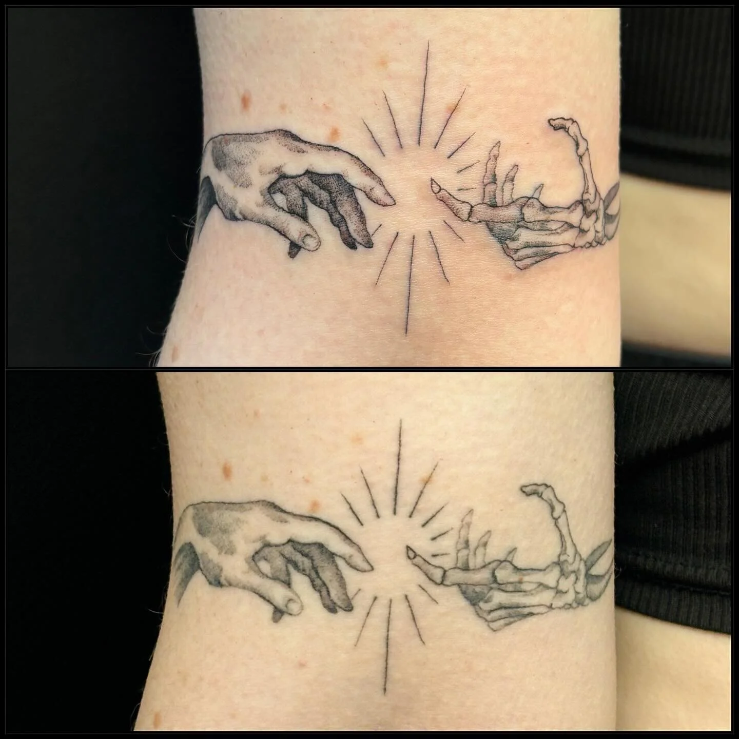 This is my reality for fine-line tattoos, this is fresh vs 5 weeks healed. No photo editing, no tricks. Just a slightly out of focus healed photo in the same lighting :&rsquo;)
I don&rsquo;t often take on fine-line work, not on a paired back, minimal