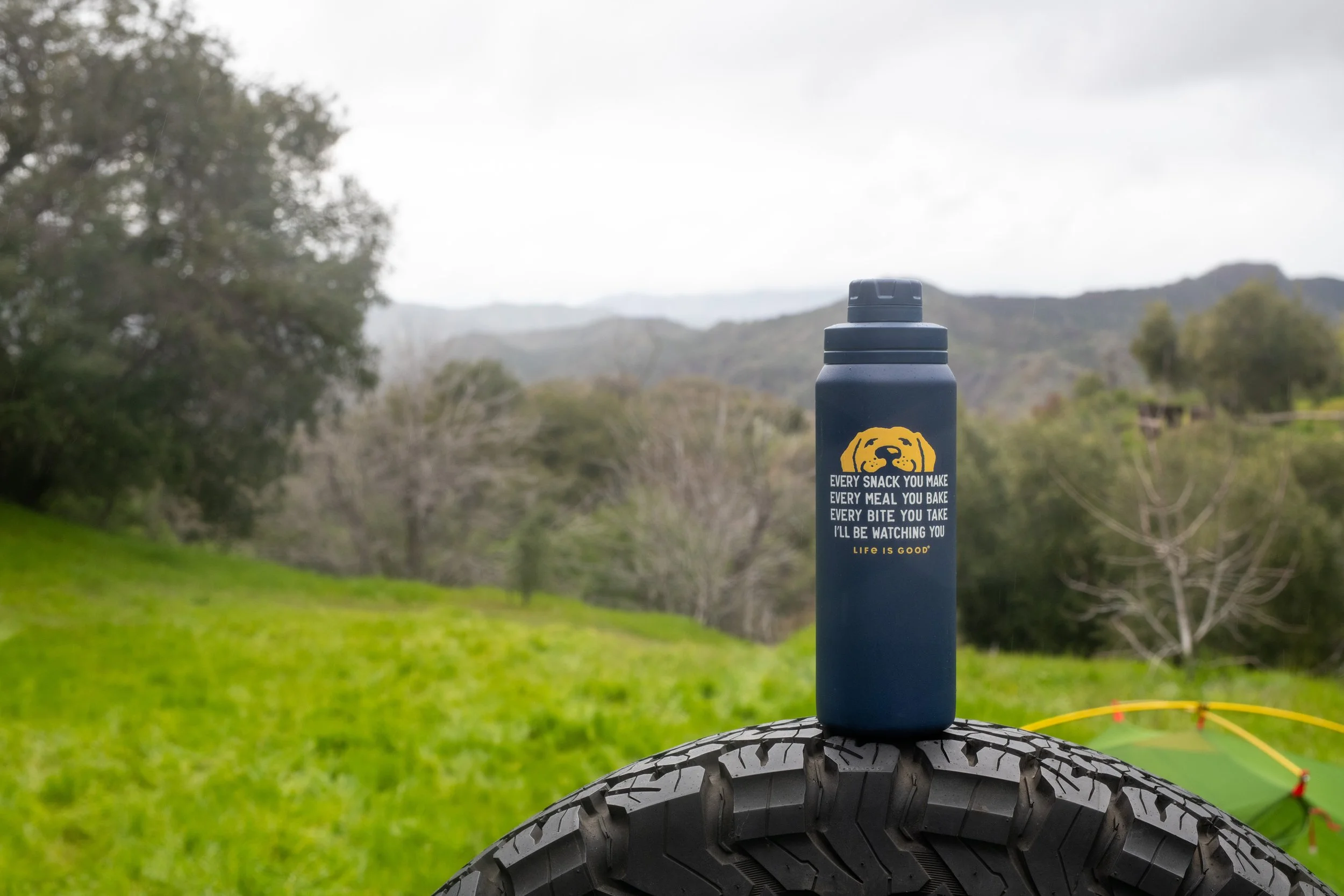 A navy blue water bottle with a yellow dog face and quote, placed on a car tire outdoors with a grassy field and mountains in the background.