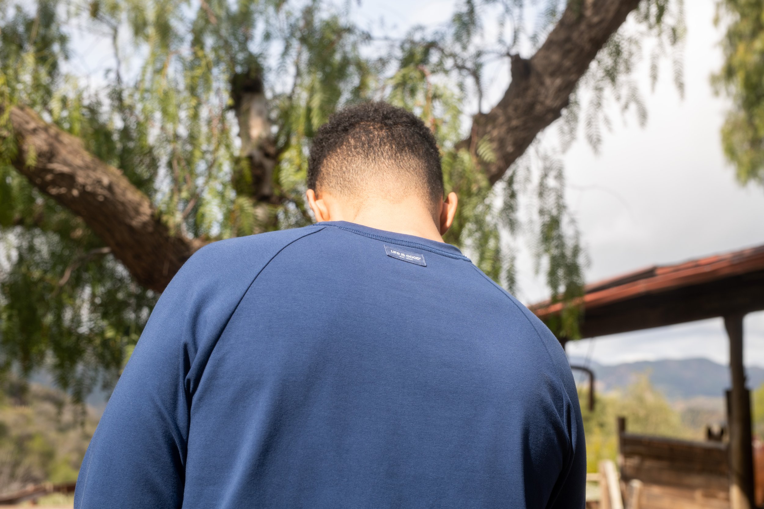 Back of a person in a blue shirt outdoors near trees and a building, with mountains in the distance.