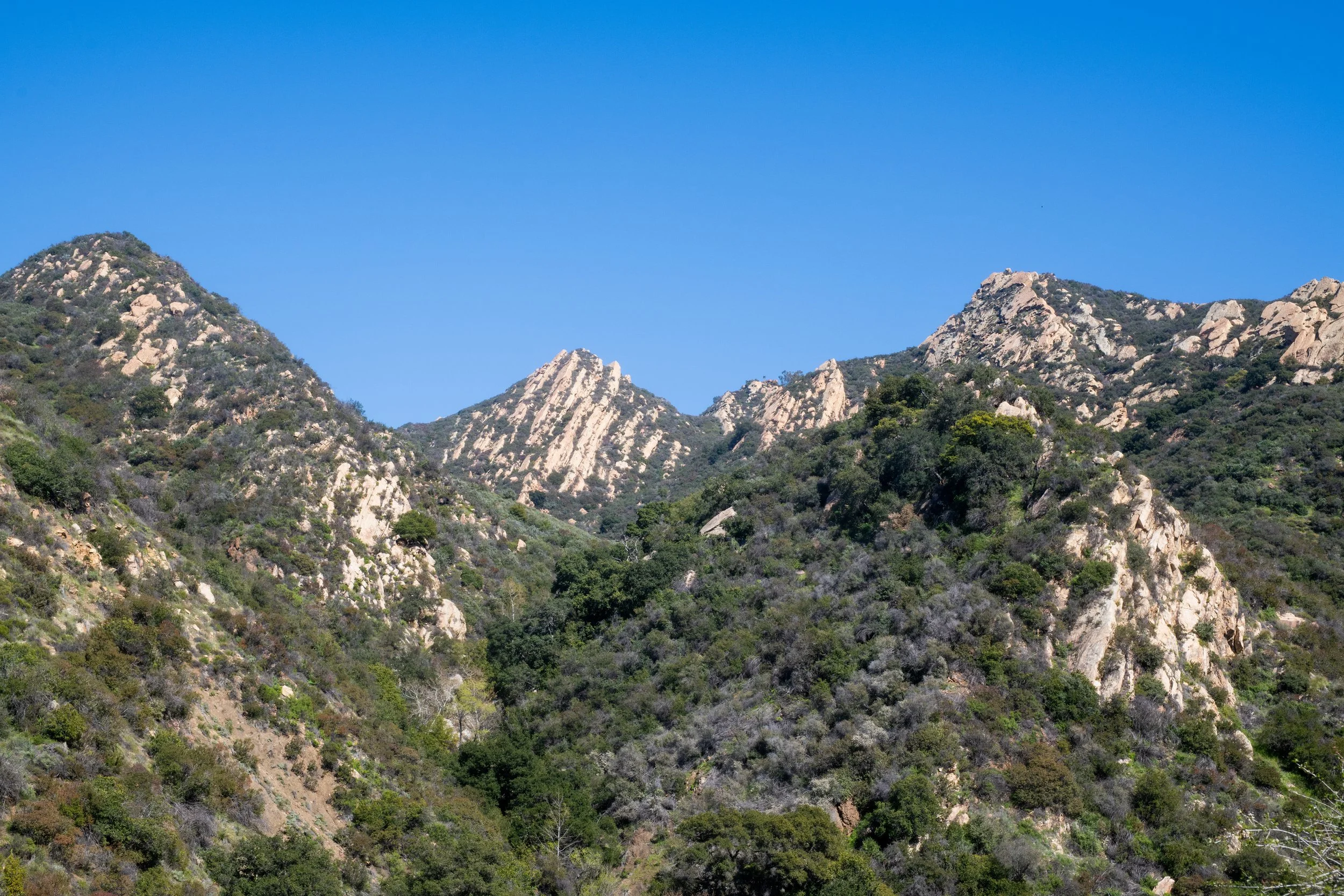 A mountainous landscape with rocky peaks and green shrubbery under a clear blue sky.