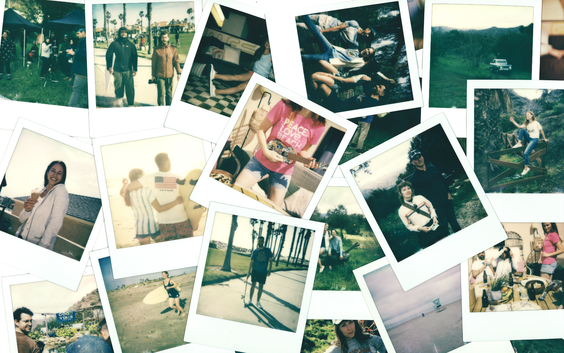 Collage of various outdoor and indoor photos showing people engaging in activities such as camping, playing guitars, taking pictures, at the beach, and enjoying nature.