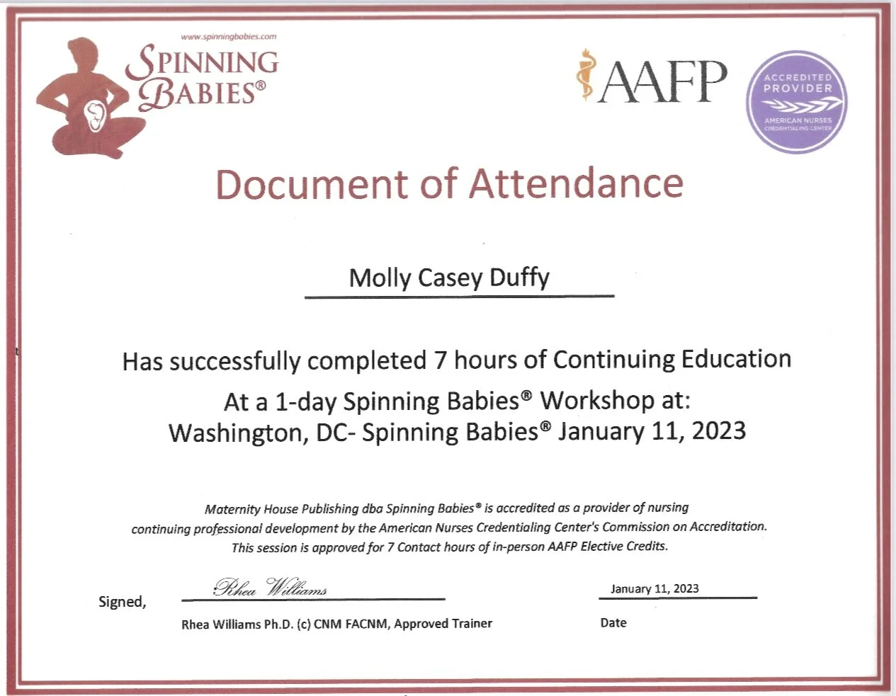 Certificate of attendance for Spinning Babies workshop