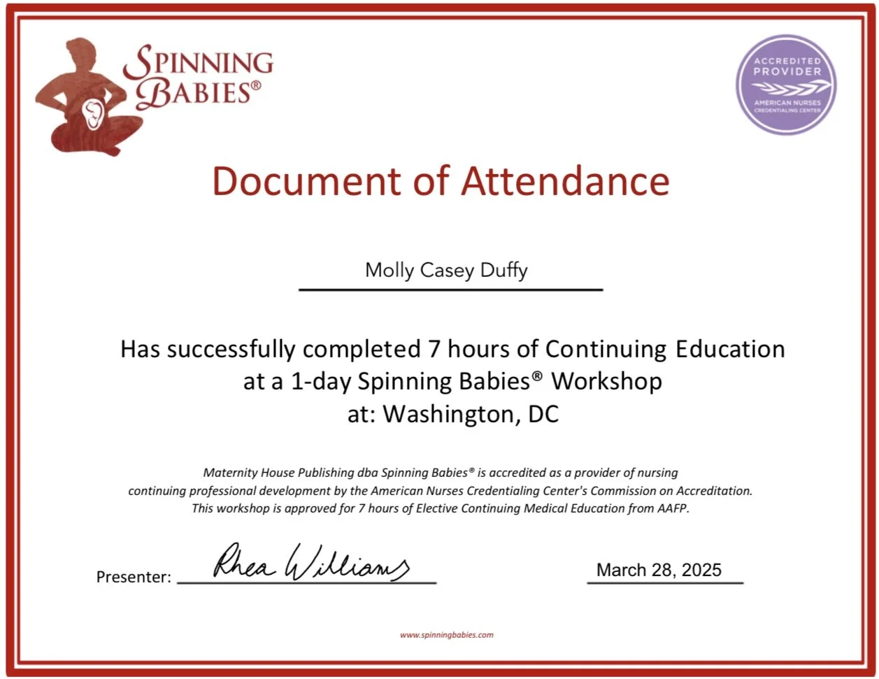 Certificate of attendance from Spinning Babies, awarded to Molly Casey Duffy, for completing 7 hours of continuing education at a workshop in Washington, DC, dated March 28, 2025.