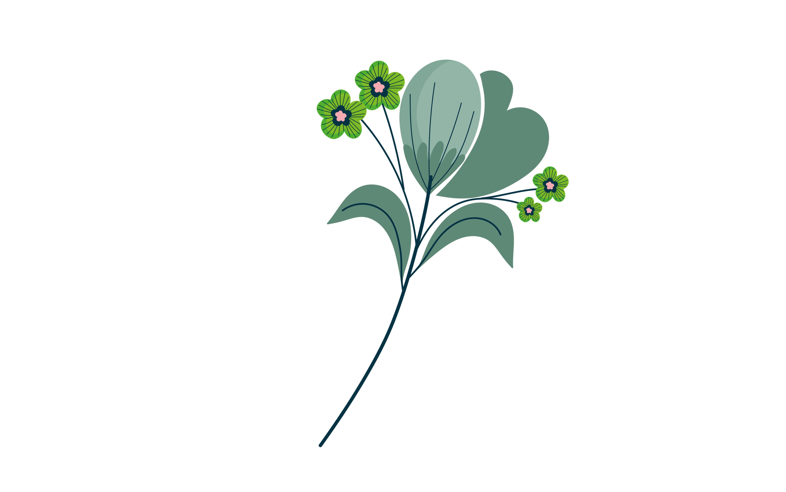 Illustration of a floral arrangement with green leaves and small green flowers on a black background.