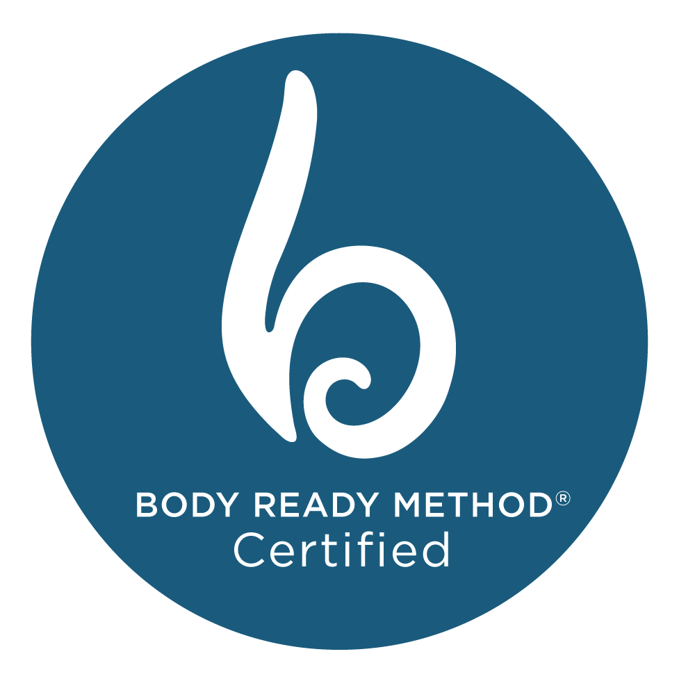 Logo showing a stylized "b" with text saying "Body Ready Method Certified" on a blue circle background.