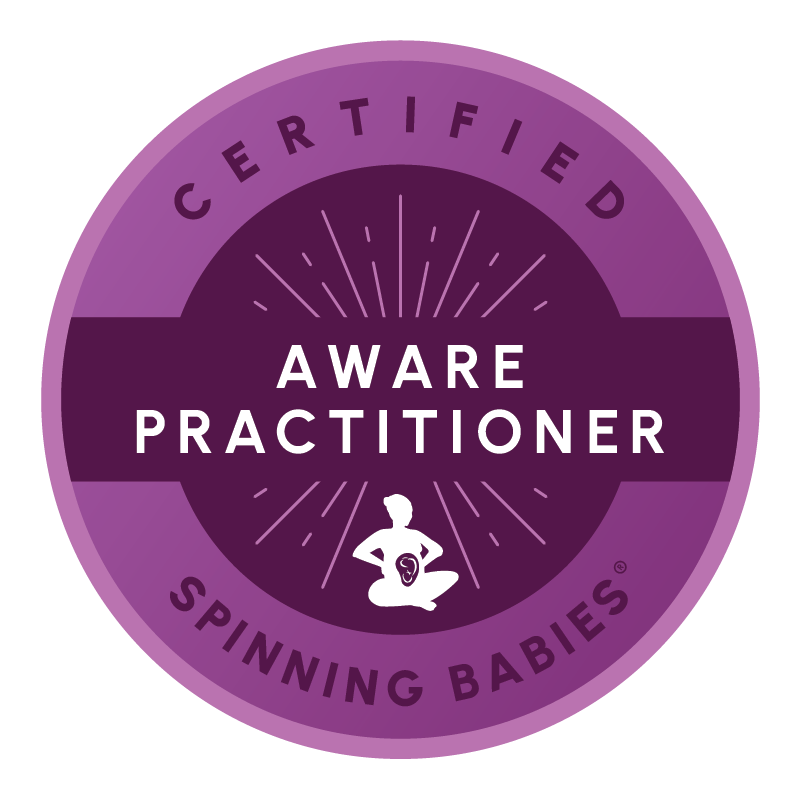 Certification badge with a purple gradient background, displaying the text "Certified Aware Practitioner" and "Spinning Babies," featuring a silhouette of a pregnant woman sitting cross-legged with a stylized fetus icon over her belly.