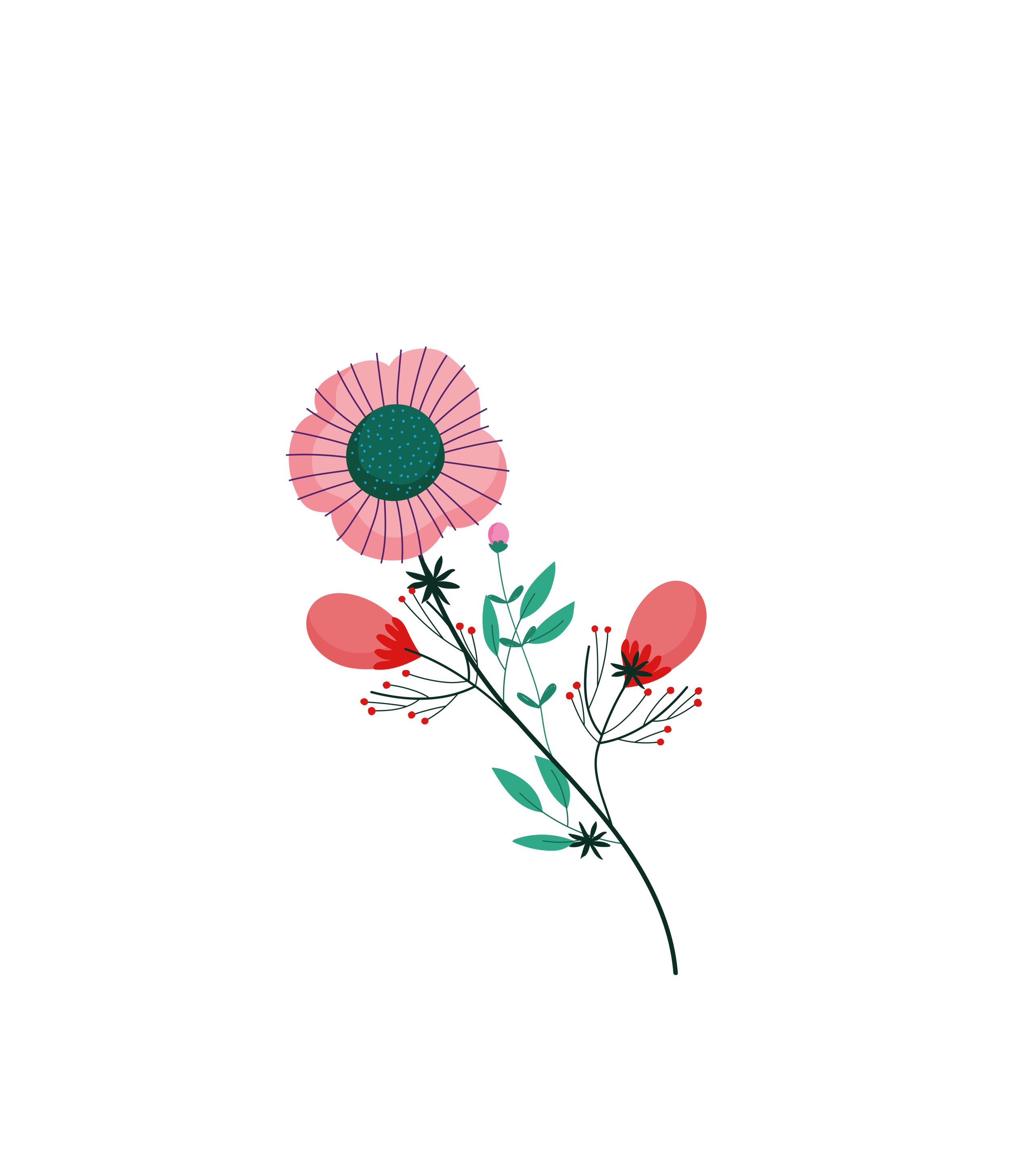 Illustration of a pink flower with green leaves and stems, accented with small red berries and buds on a black background.