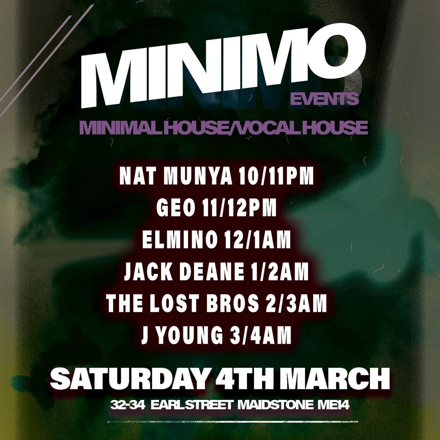 THIS SATURDAYS SET TIMES 🕰️ (get a free ticket on Skiddle SCREEN SHOT IT and dm us to win free drinks 🤪) 

Kick of the month right this Saturday with us for Minimo Events! 

#housemusic #techhouse #vocalhouse #deephouse #rave #maidstone #minimo