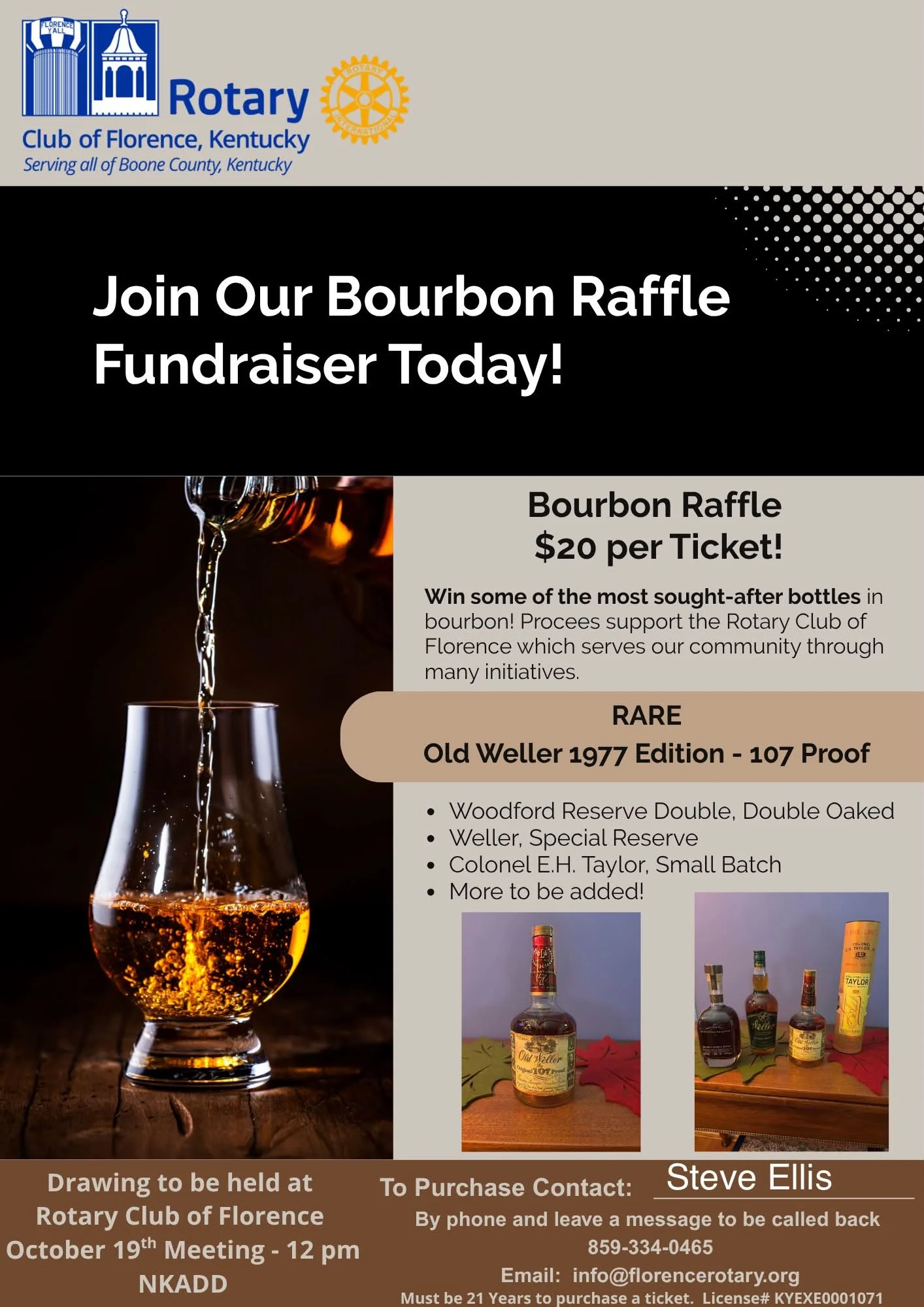 🥃 Bourbon fans&hellip; this lineup deserves your attention! 👀

How would a VERY RARE Old Weller 1977 Edition &mdash; 107 Proof look on your bourbon shelf? 🔥 This bottle alone is worth thousands. 

For just $20 per ticket, the Rotary Club of Floren