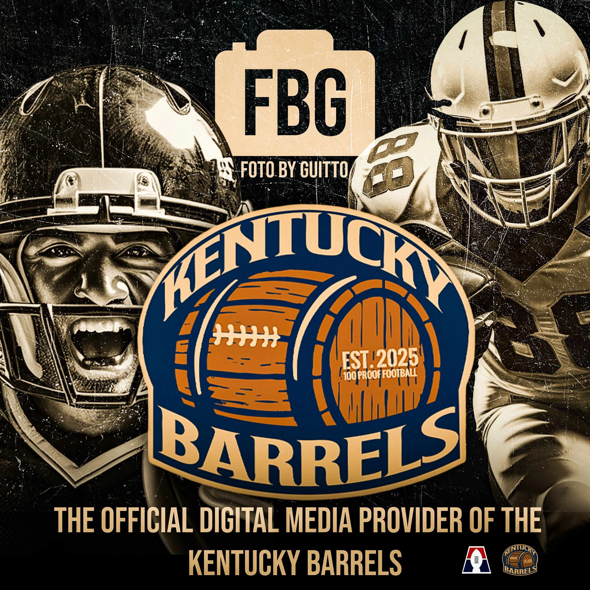 Digital graphic of Kentucky Barrels, a football-themed logo, with a football and a football helmet in the background. Text includes 'FBG', 'Foto by Guitto', and 'The official digital media provider of the Kentucky Barrels.' Sports digital media.