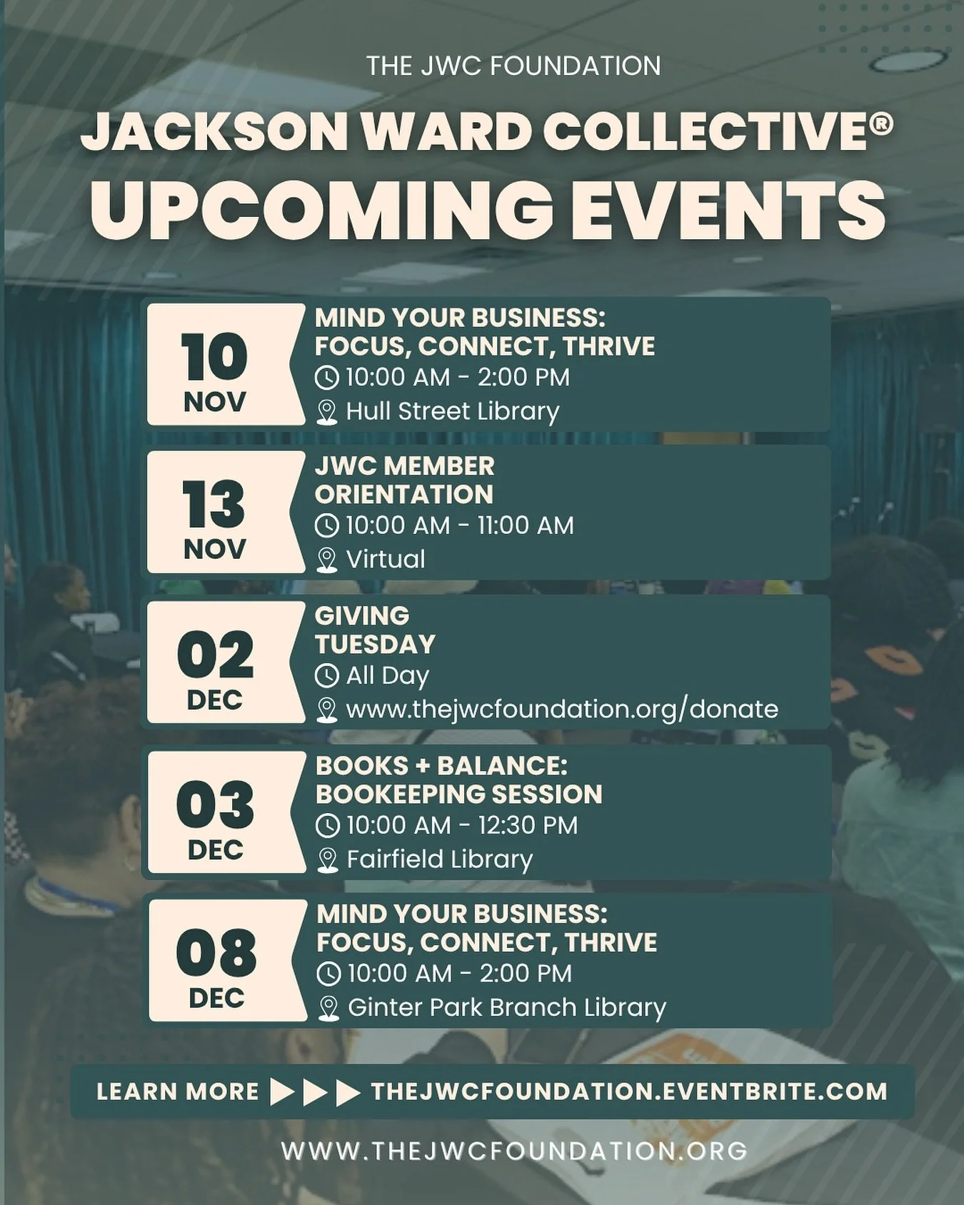 The year may be winding down, but we&rsquo;re not done yet! As we wrap up our 2025 programming, JWC Foundation is hosting our last opportunities of the year to learn, connect, and grow together. Whether you&rsquo;re looking to refocus your business, 