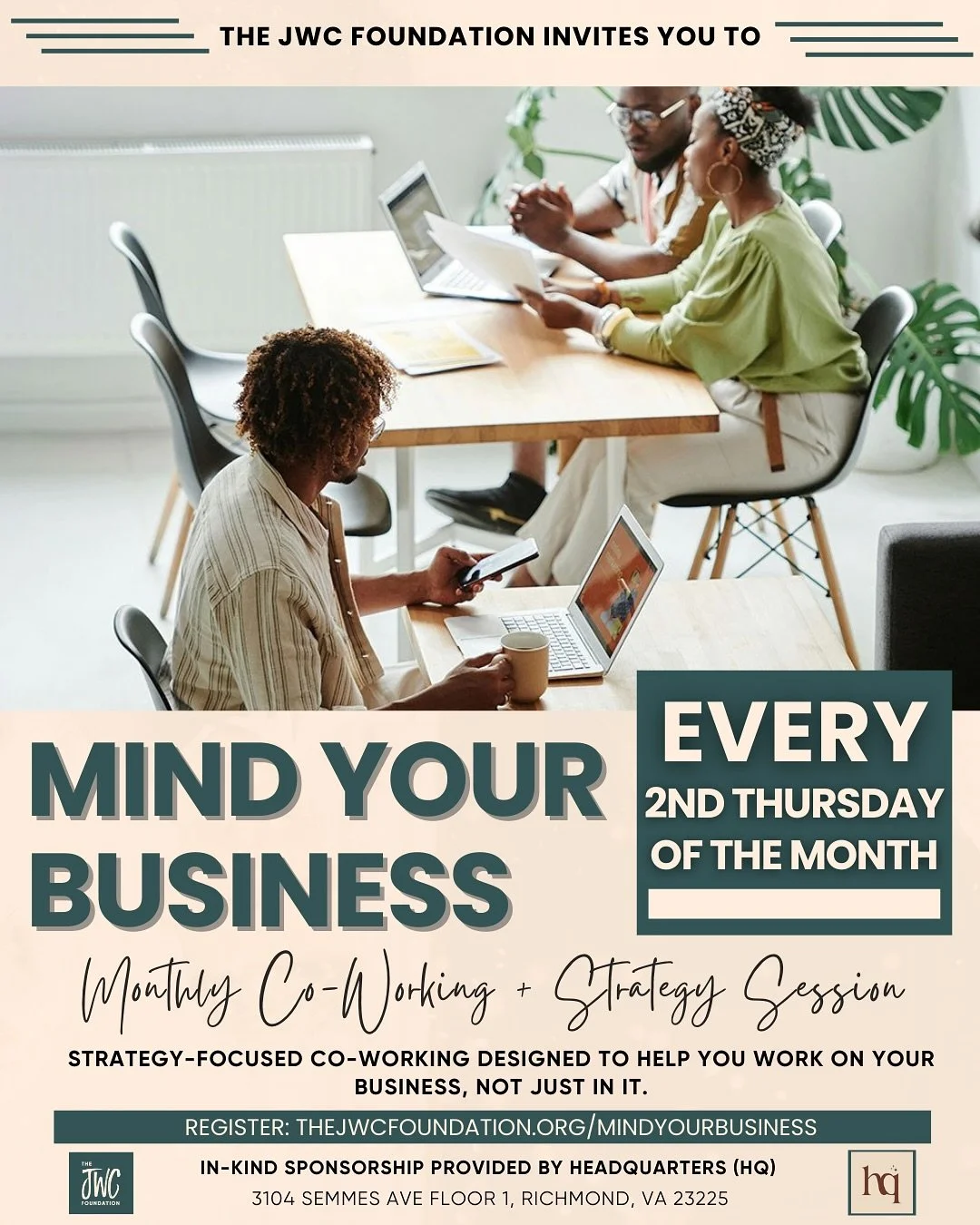 Mind Your Business has a new rhythm for 2026. Our monthly co-working and strategy sessionss will now takes place every second Thursday of the month and we are excited to call Headquarters our co-working home for the year.

Join us for a day designed 