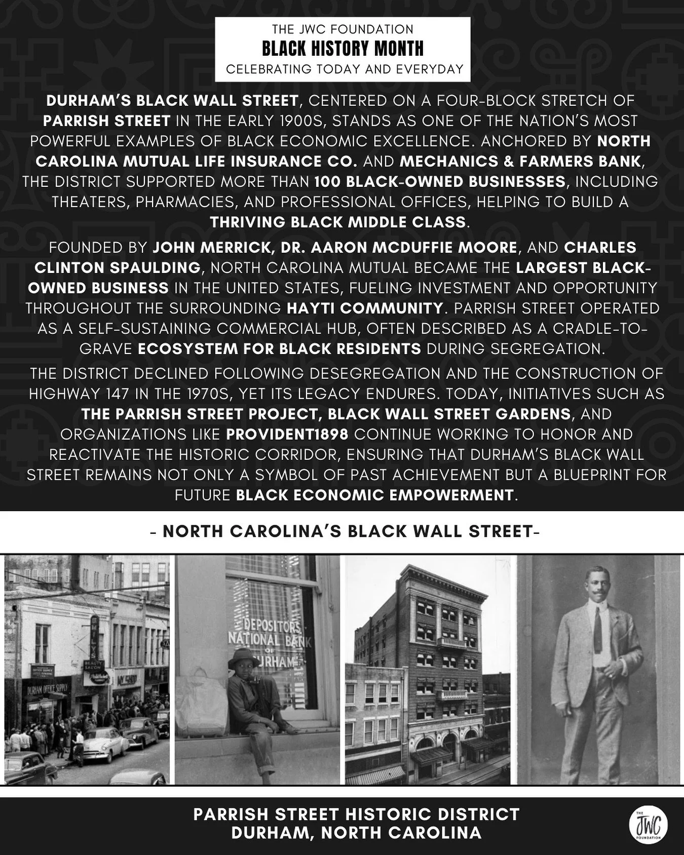 Durham&rsquo;s Parrish Street became one of the most powerful centers of Black wealth and entrepreneurship in the early 1900s. Anchored by North Carolina Mutual and Mechanics &amp; Farmers Bank, this four-block corridor helped build a thriving Black 