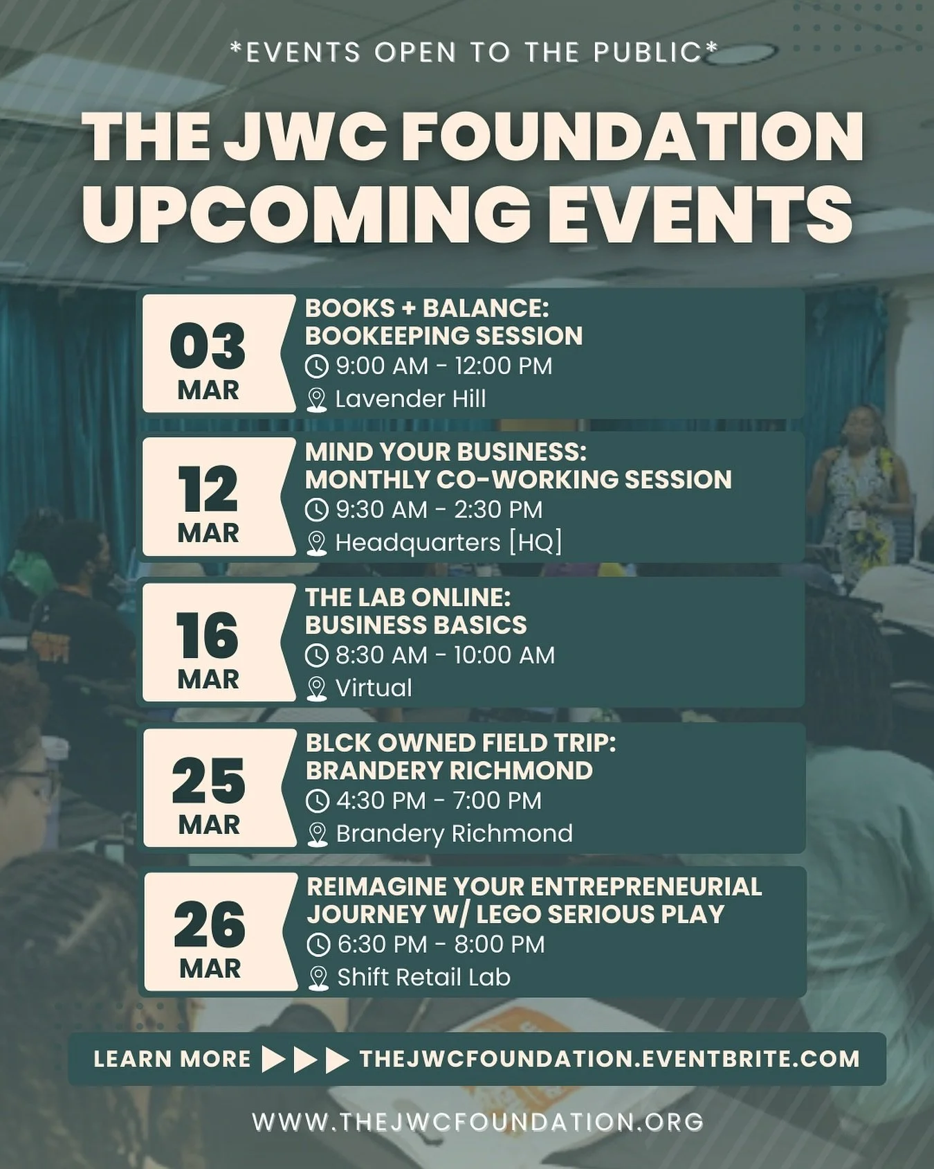 JWC Foundation

New month. New connections. New momentum. ✨

We&rsquo;ve lined up a powerful mix of experiences designed to help you get organized, stay focused, sharpen your skills, and expand your network. Whether you need dedicated time to handle 