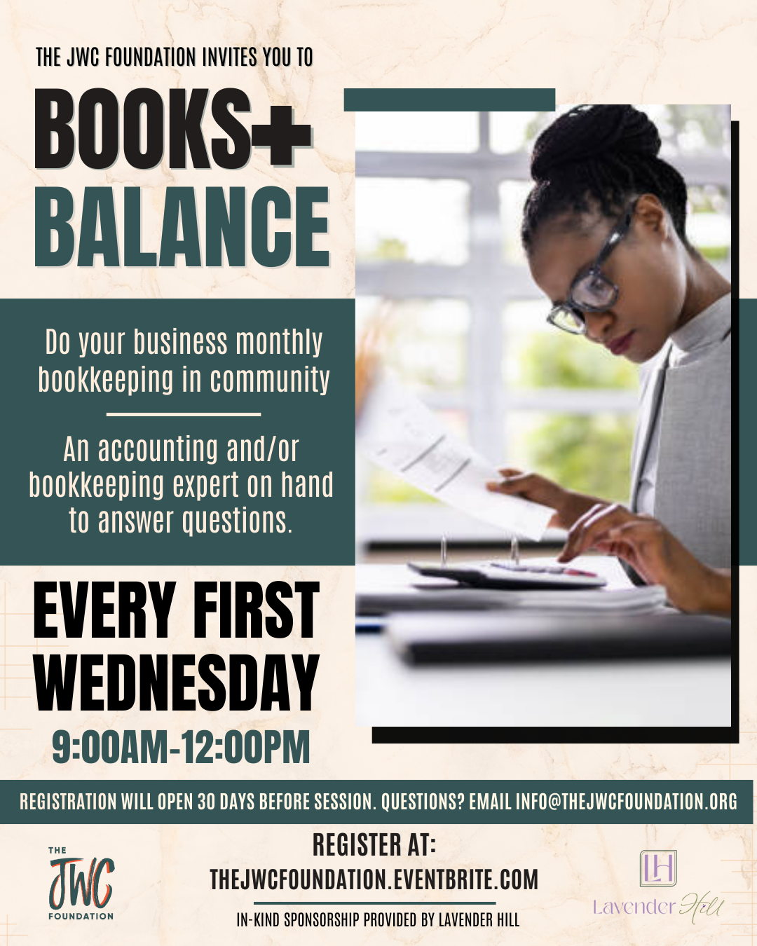 Monthly flyer for Books + Balance. Women working on spreadsheet. States every 1st Wednesday from 9-12