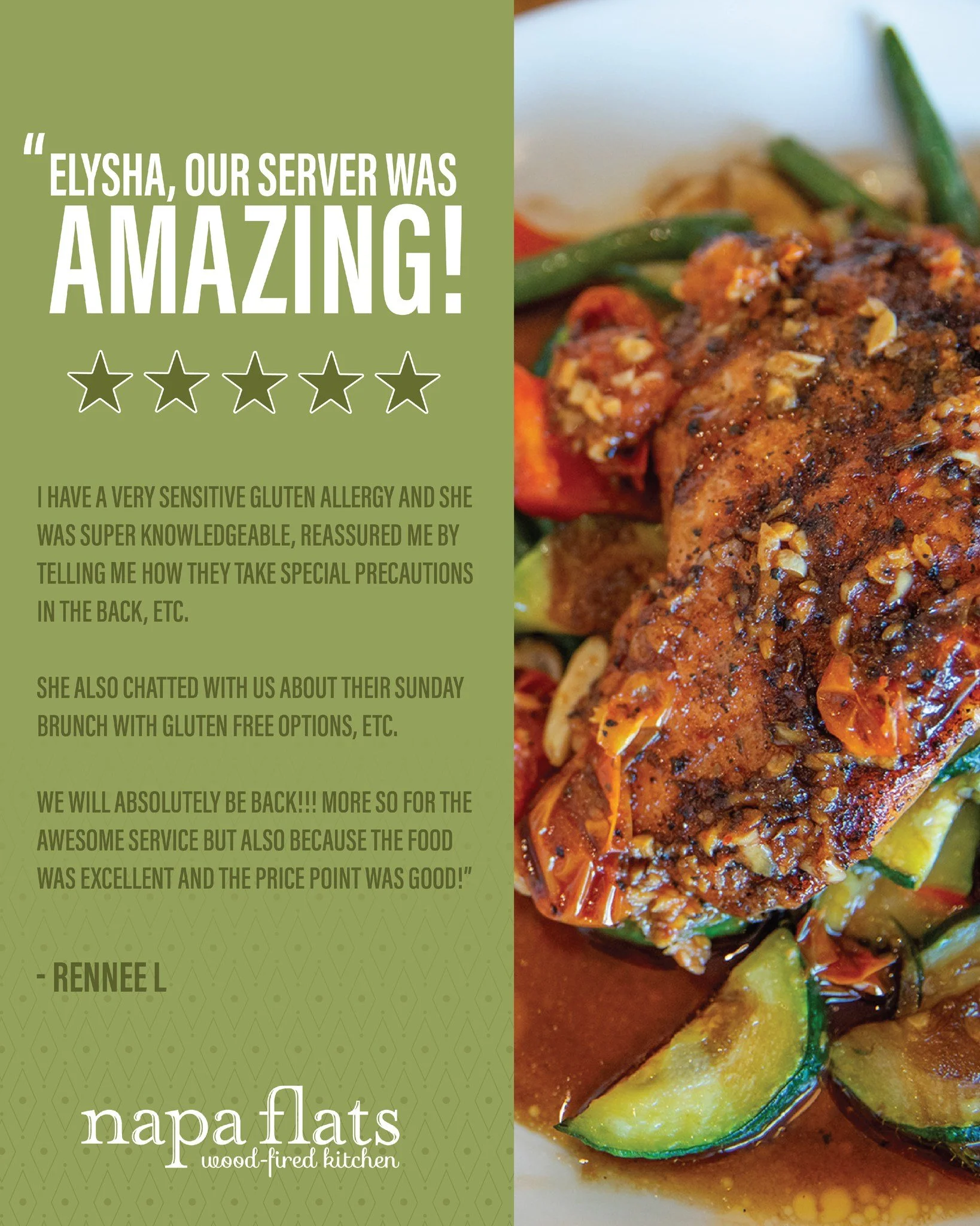 Thank you Rennee for taking your time out of your day to highlight one of our amazing servers. We are so glad we can provide you 5 star service and many gluten free options!

#napaflats #customerreview #eatlocaltulsa #fivestars #napaflatstulsa #glute