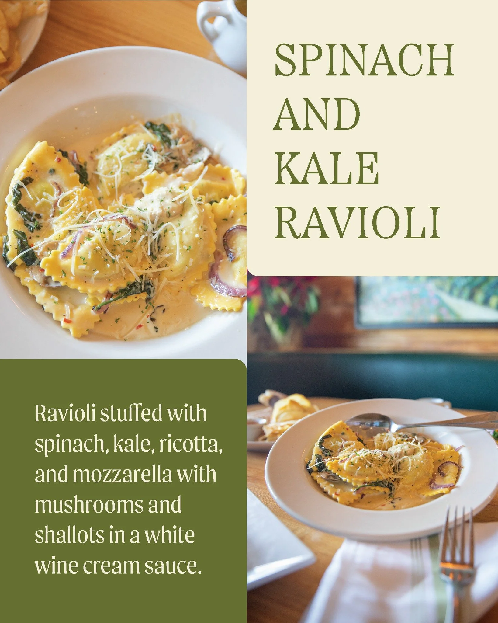 Our Spinach and Kale Ravioli is a warm hug in your bowl. Perfectly cooked pasta with a rich creamy inside filled with kale, spinach, ricotta, and mozzarella, then finished off in a delicious white wine sauce with mushrooms and shallots. Order now at 