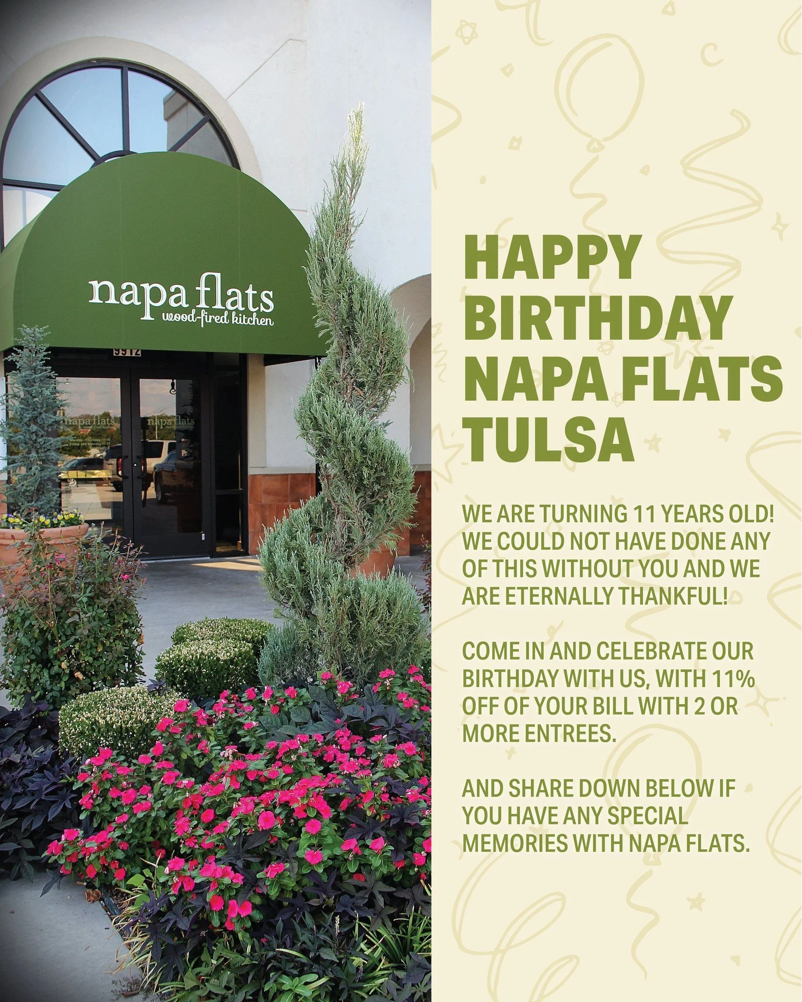 It's our birthday! 🎉🎈Napa Flats Tulsa is turning 11 years old today! We are so happy to be apart of this community that has allowed us to celebrate 11 amazing years of service.

To celebrate we wanted to give you a gift! From now, September 17th, u