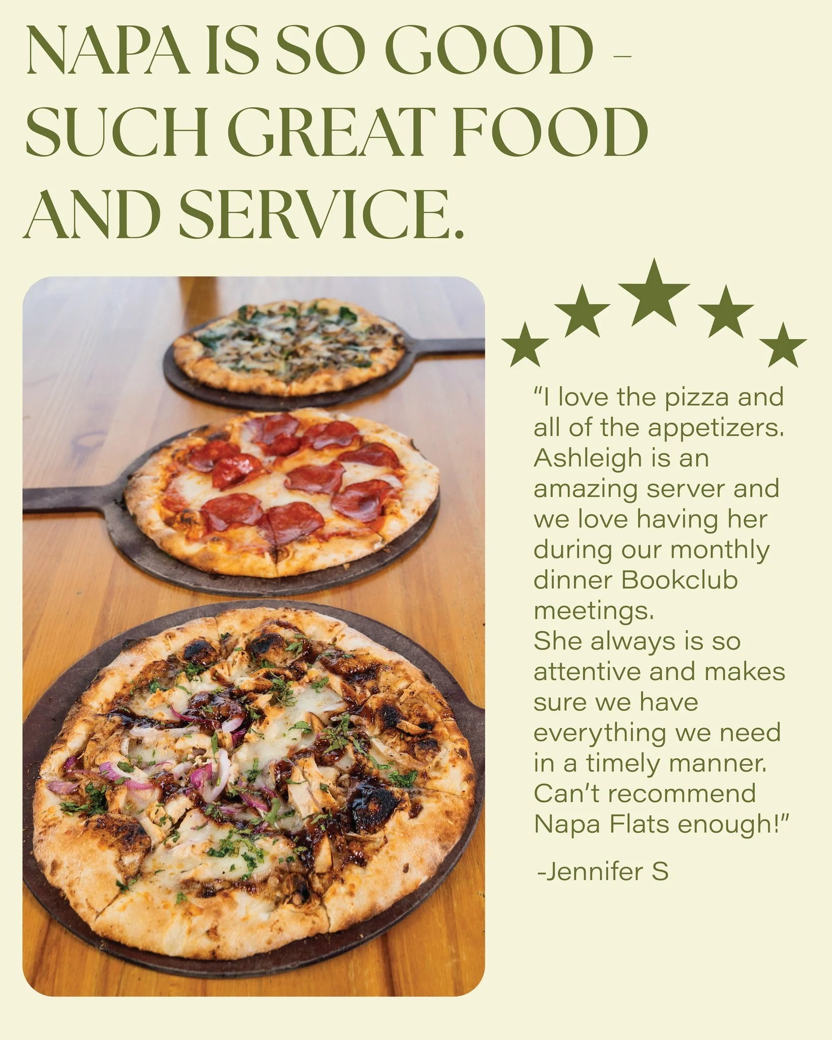 You heard it here from Jennifer S, we are the best home for your monthly book club. Want to share your positive experience? Leave a comment down below or leave us a Google review!

#napaflats #pizza #eatlocaltulsa #customerreview #napaflatstulsa #boo