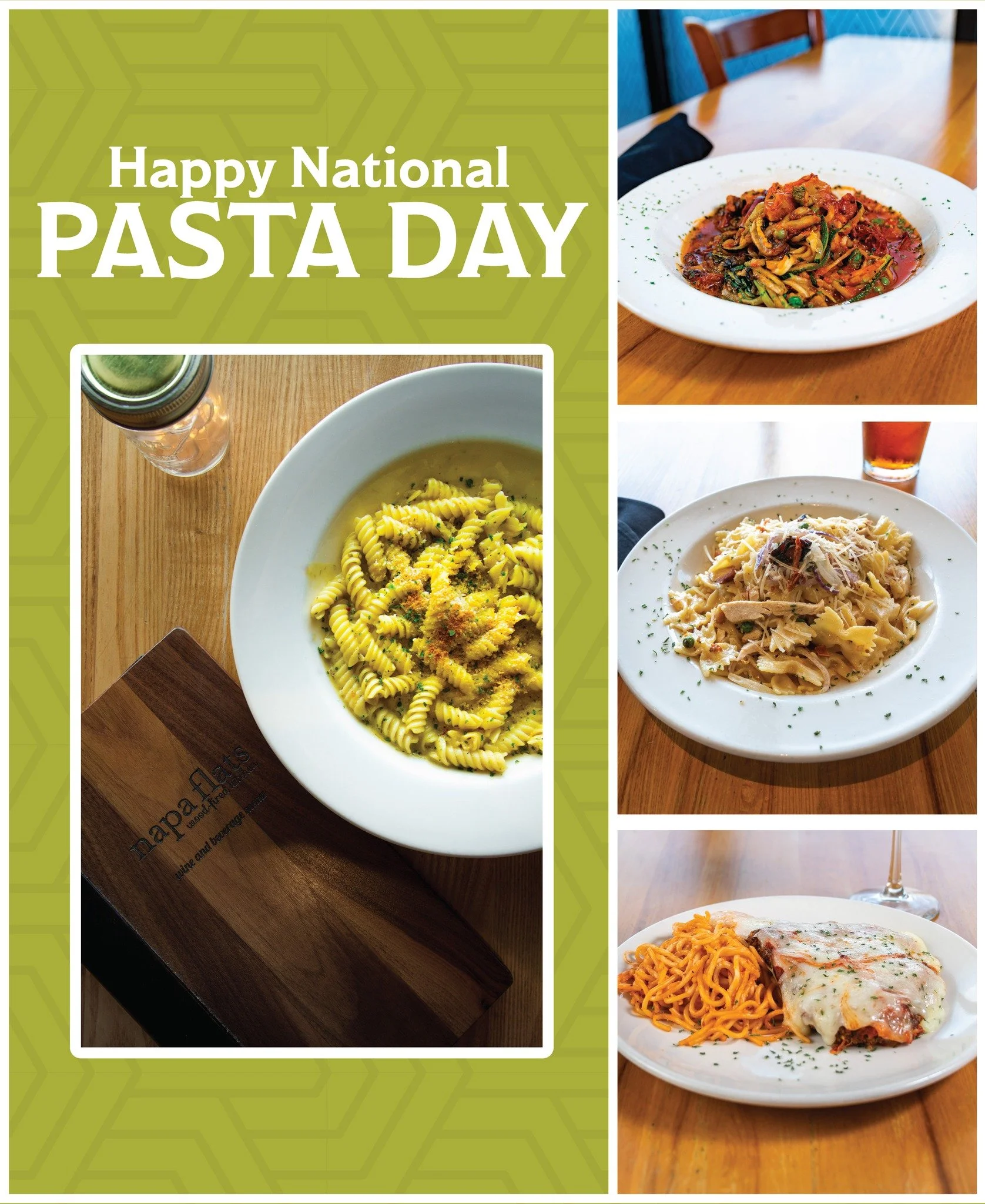 From spaghetti to fettuccine, there&rsquo;s a noodle for everyone &mdash; and we&rsquo;re serving them all up fresh today! Bring the whole family and celebrate National Pasta Day with a bowl of your favorite Napa Flats pasta 🧡

#napaflats #NationalP