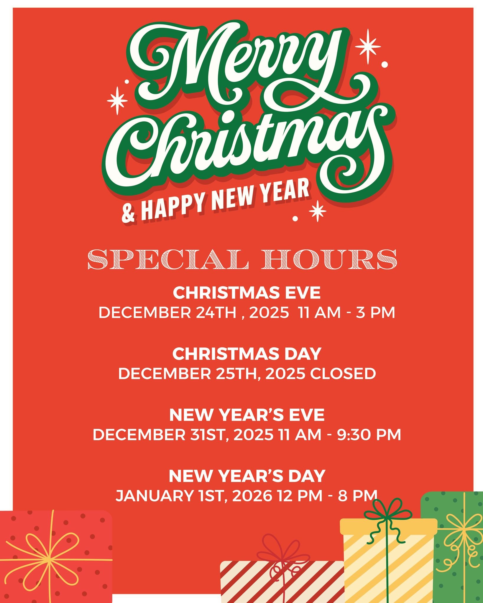 Merry Christmas and Happy New Year! Enjoy Napa Flats during our special holiday hours.  Happy Holidays!

#napaflats #christmas #eatlocaltulsa #newyears #napaflatstulsa #specialhours #bestrestauranttulsa #announcement #savor #918eats #johncrancer