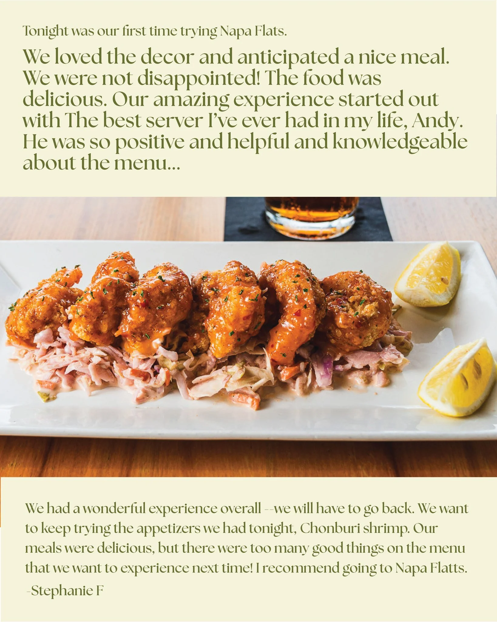 Another amazing review! Thank you so much Stephanie for stopping into Napa Flats and givin#johncrancer 

#napaflats #customerreview #eatlocaltulsa #fivestarreview #napaflatstulsa #favorites #bestrestauranttulsa #realcustomer #savor #918eats #johncran