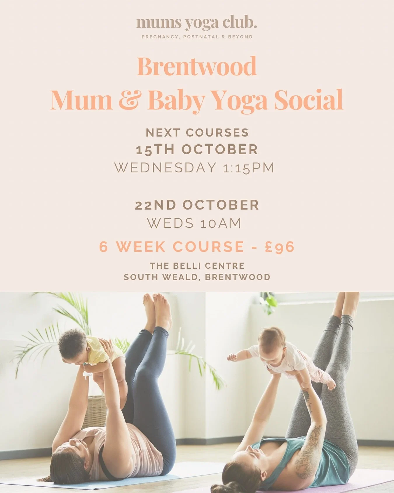 Brentwood mums, our October Mum &amp; Baby Social Courses are available to book now. 

These classes are the perfect class for you to move your body in a safe and supportive way with baby, rebuild your strength, and meet some other local mummies as w