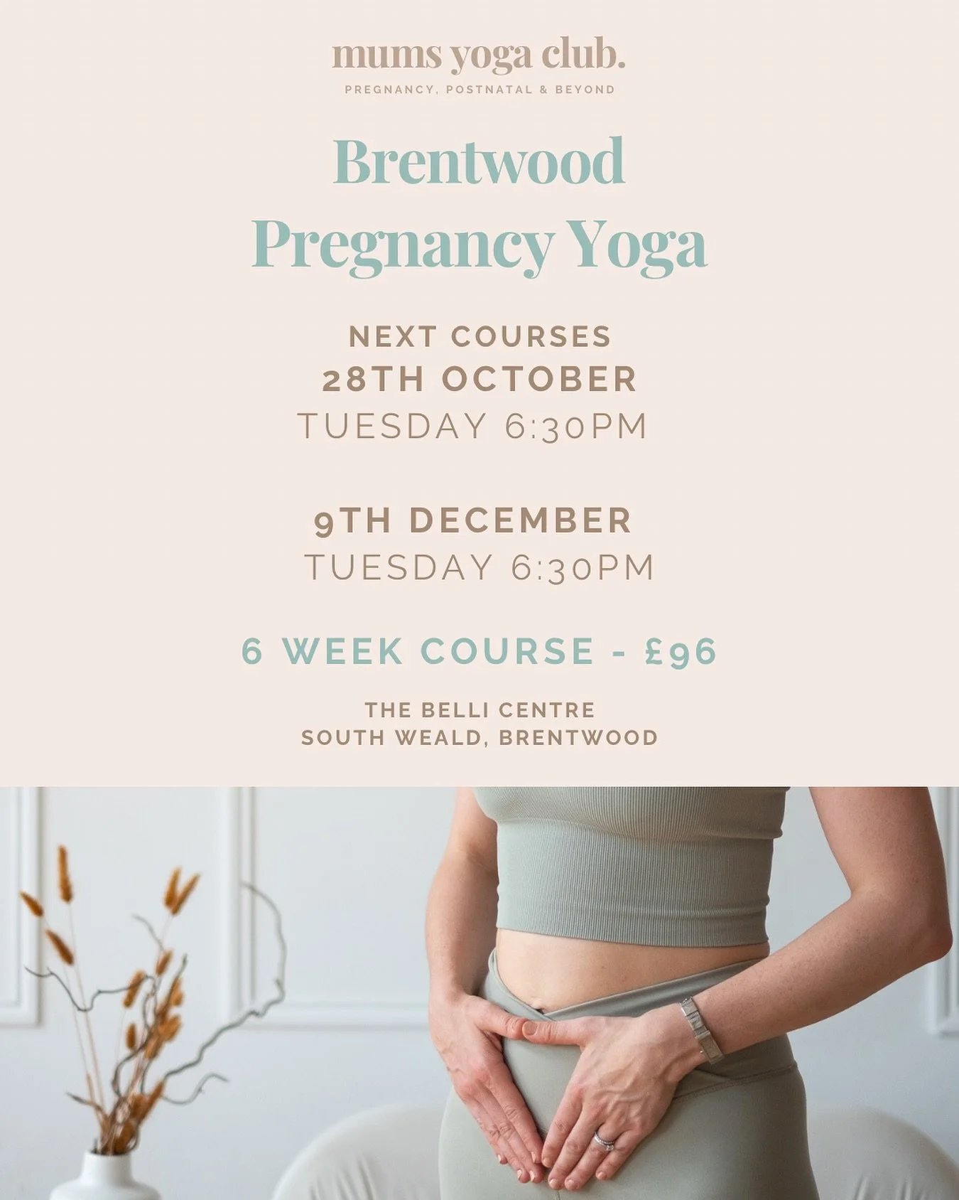 ✨ Brentwood Pregnancy Yoga &ndash; New Course Dates ✨

The next 6-week courses will be:
🌸 28th October &ndash; Tuesday evenings, 6:30pm
🌸 9th December &ndash; Tuesday evenings, 6:30pm

📍 The Belli Centre, South Weald, Brentwood
💫 Investment: &pou