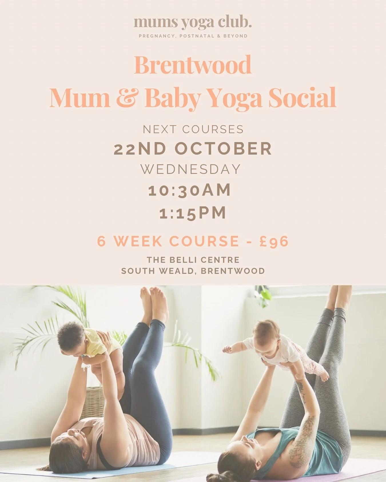 Brentwood Mums! 

Last few spaces on our next round of Mum &amp; Baby Yoga Social Courses starting next week.

Only 1 space now on the 1:15pm class so don&rsquo;t miss out.

The perfect mix of building strength, slowing down, and bonding with baby an