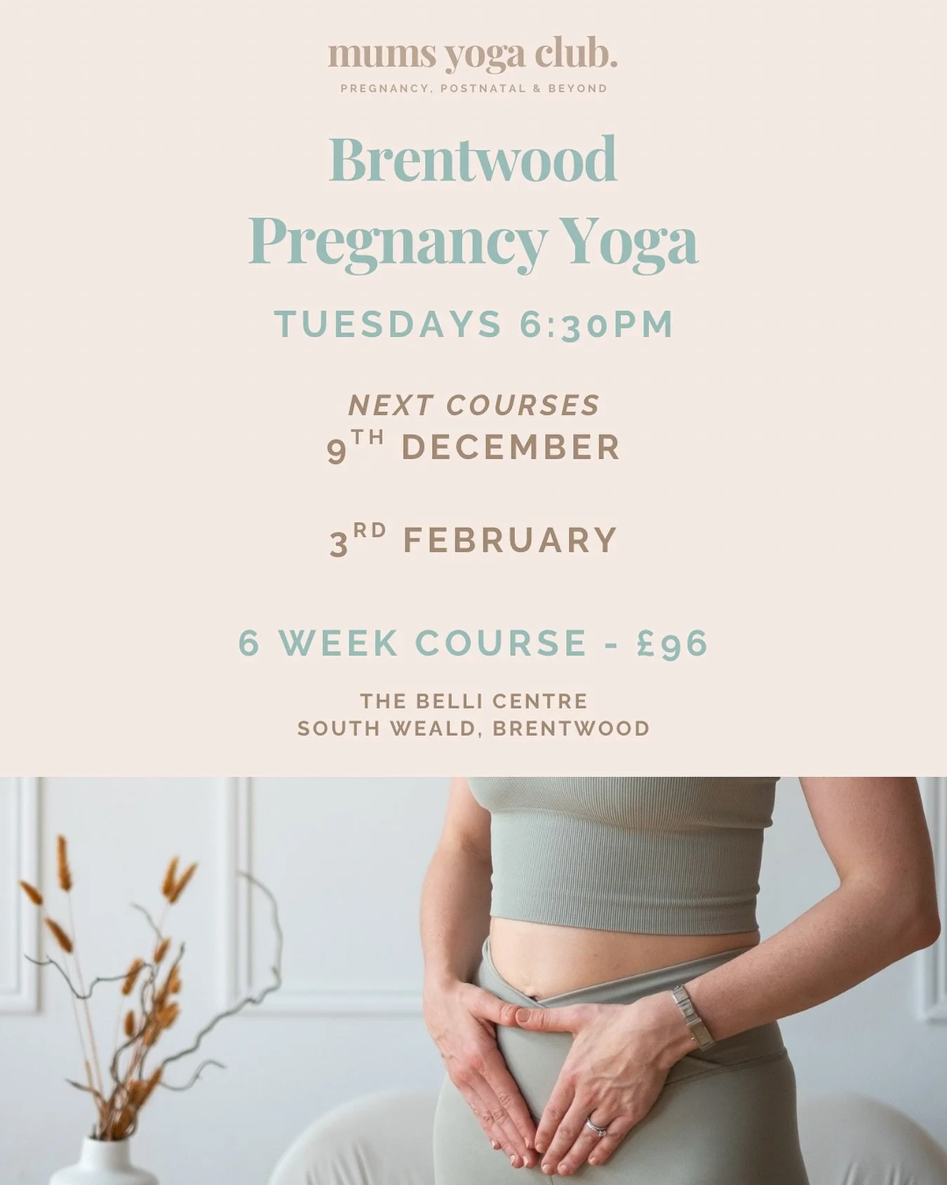 ✨ Brentwood Pregnancy Yoga &ndash; December Course ✨

🌸 The next 6-week course starts on 9th December &ndash; Tuesday evenings, 6:30pm

📍 The Belli Centre, South Weald, Brentwood
💫 Investment: &pound;96 for 6 weeks
🌷 Only 15 spaces available &nda