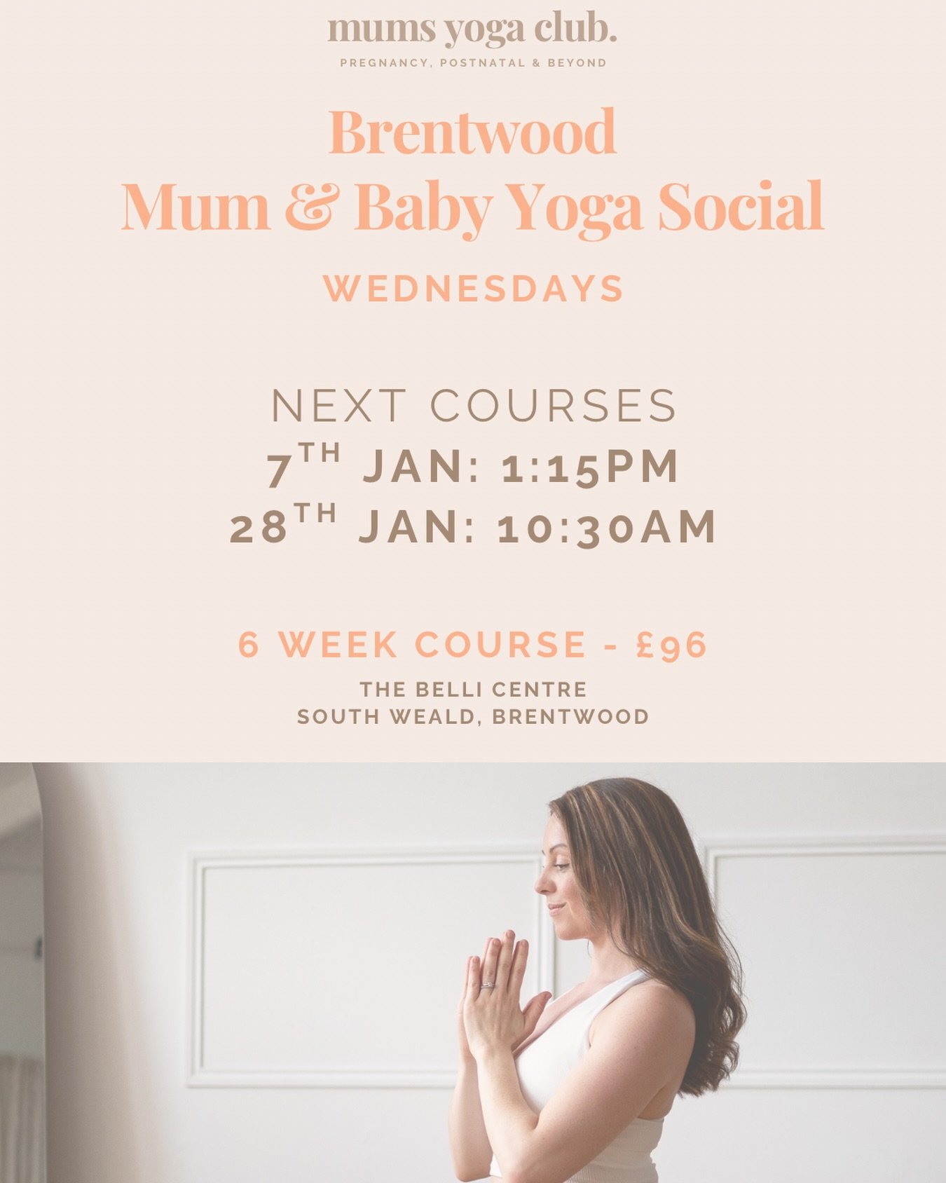 ✨ Brentwood Mum &amp; Baby Yoga Social ✨
Wednesdays at The Belli Centre, South Weald 

Our next 6-week courses start:
🤍Wednesday 7th January &ndash; 1:15pm
🩶Wednesday 28th January &ndash; 10:30am

Join us to gently rebuild strength, calm your nervo