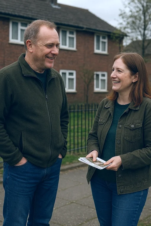 A man and woman talking outdoors near a residential building, with the woman holding brochures.