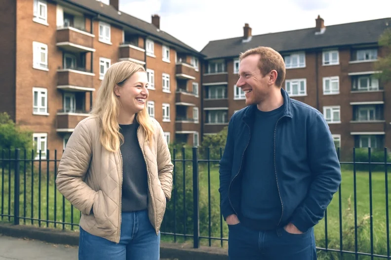 A woman and a man are standing outside near a black metal fence, smiling and talking to each other, with multi-story brick apartment buildings in the background.