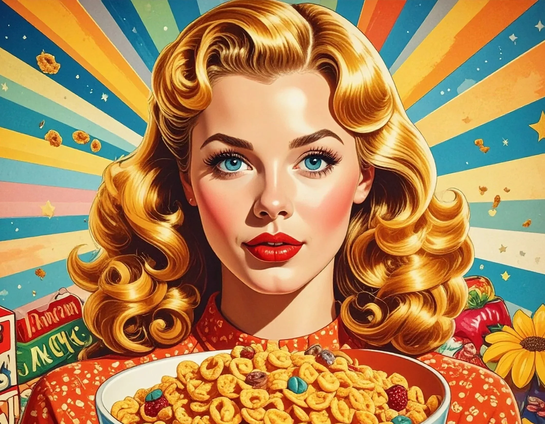 Advertising art for Chechen breakfast cereal "Flakes", 1962.