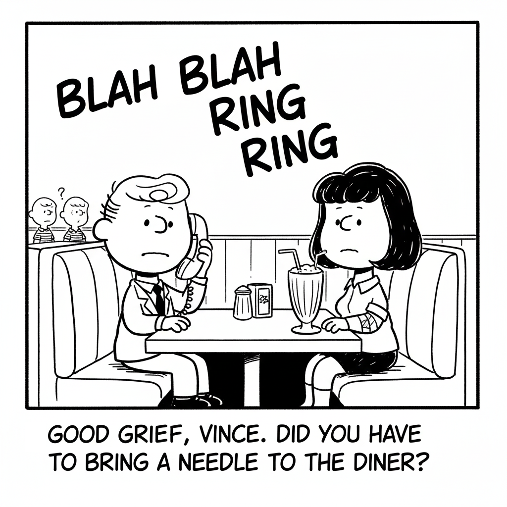 Frame from 1976 Peanuts storyline 'Junkies!'. Later used as the basis for the film "Pulp Fiction", 1994..